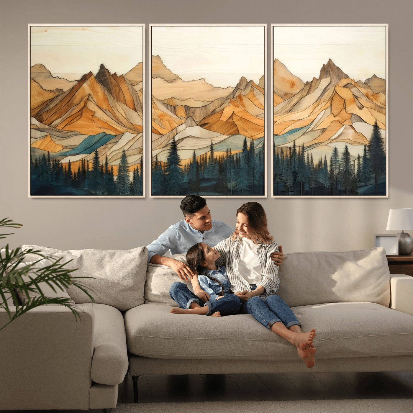 31576-MGV-CV-36X24-Rustic Wood Mountain Wall Art Print | Triptych Giclee Print Featuring Handcrafted Forest and