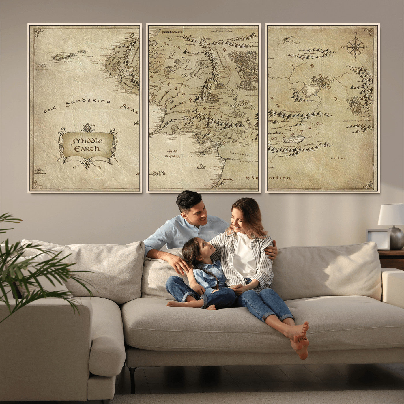 21784-MGV-CV-36X24-Vintage Middle Earth Map Wall Art Canvas – Lord of the Rings Inspired Framed Map Print, Classic Fantasy Decor for Home, Office