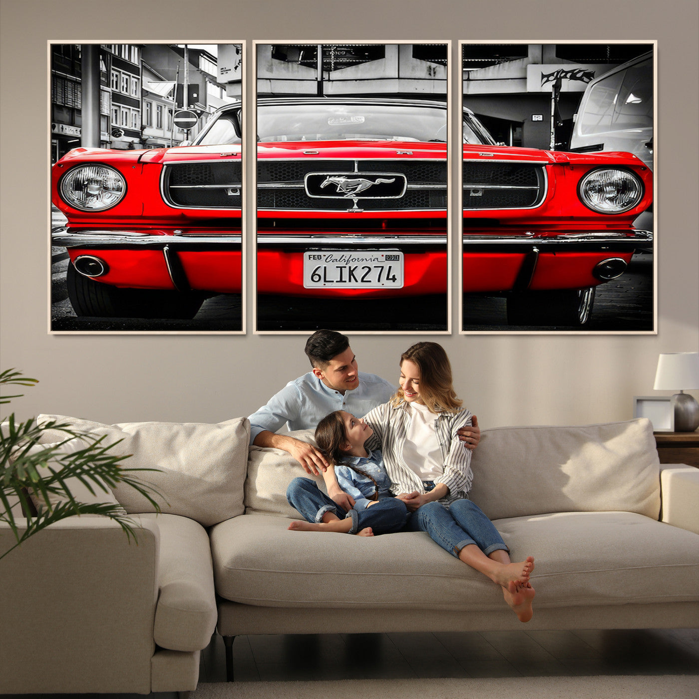 20365-MGV-FC-60X30-3P-Red Mustang Car Wall Art – Framed Classic Vehicle Canvas Artwork, Black White Urban Design, Decor for Home, Office