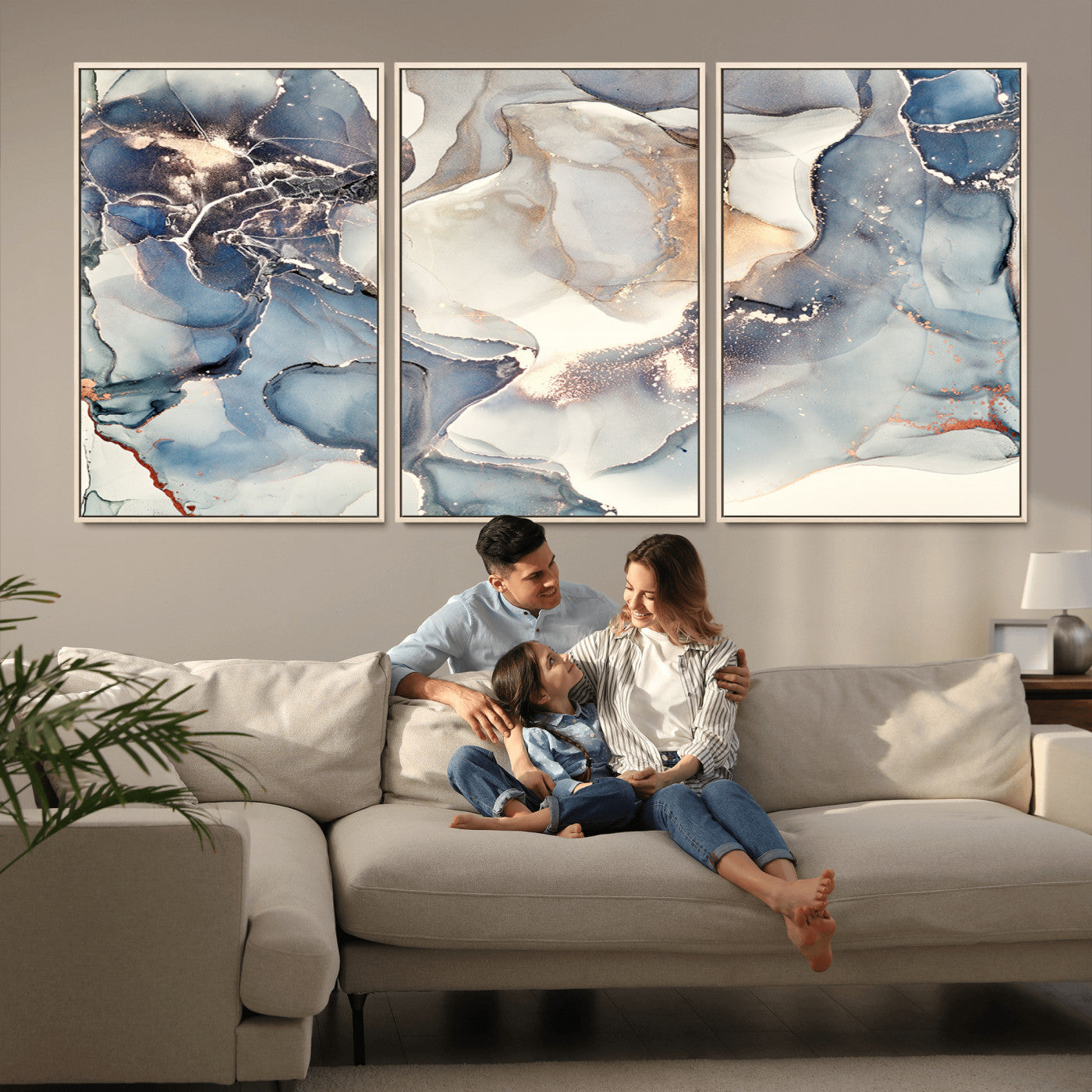 51497-MGV-CV-36X24-Abstract Blue and Gold Canvas Wall Art - Fluid Modern Ink Artwork - Modern Luxury Wall Decor for