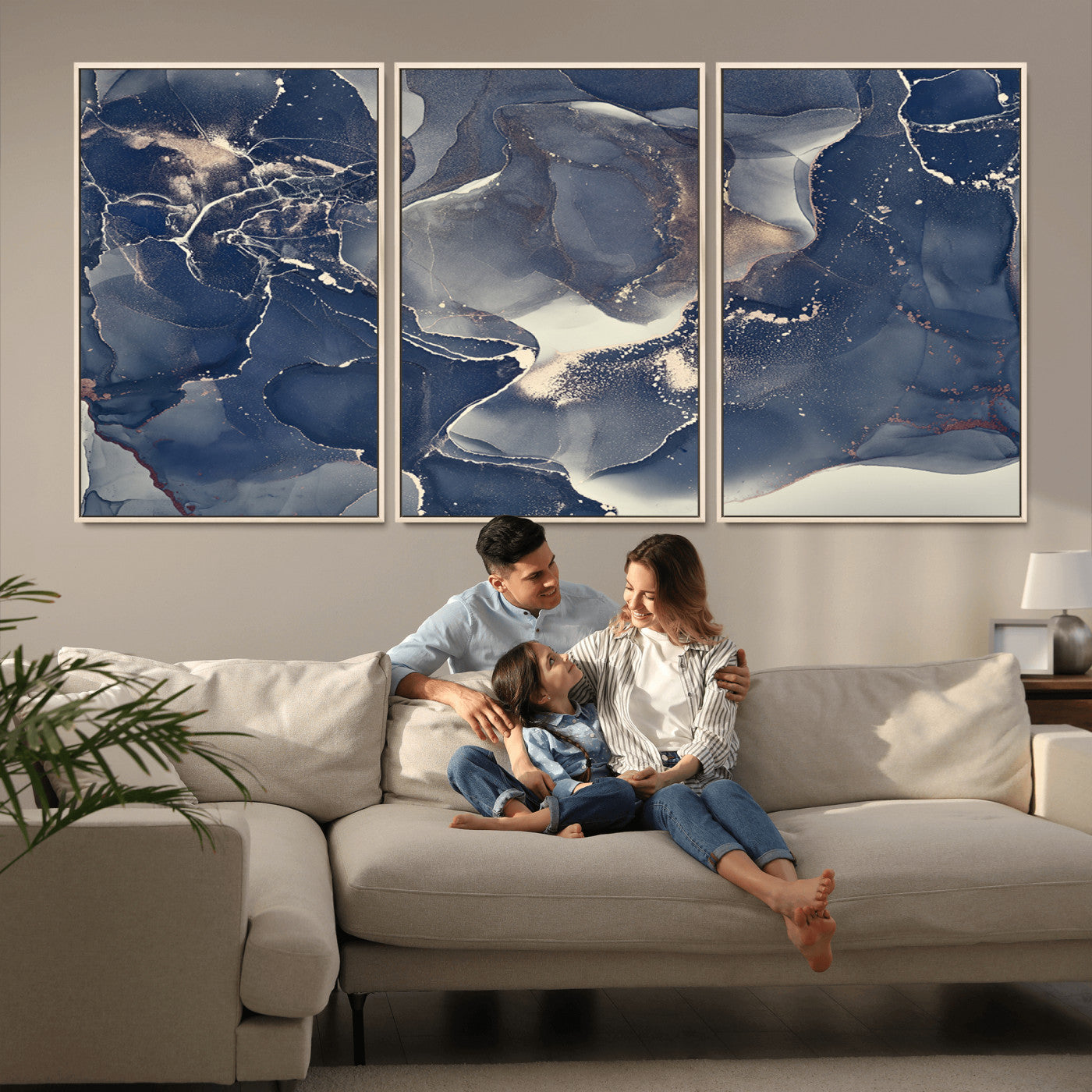 28282-MGV-CV-36X24-Large Abstract Blue and Gold Canvas Wall Art | Fluid Ink Artwork Print | Luxury Wall Decor for