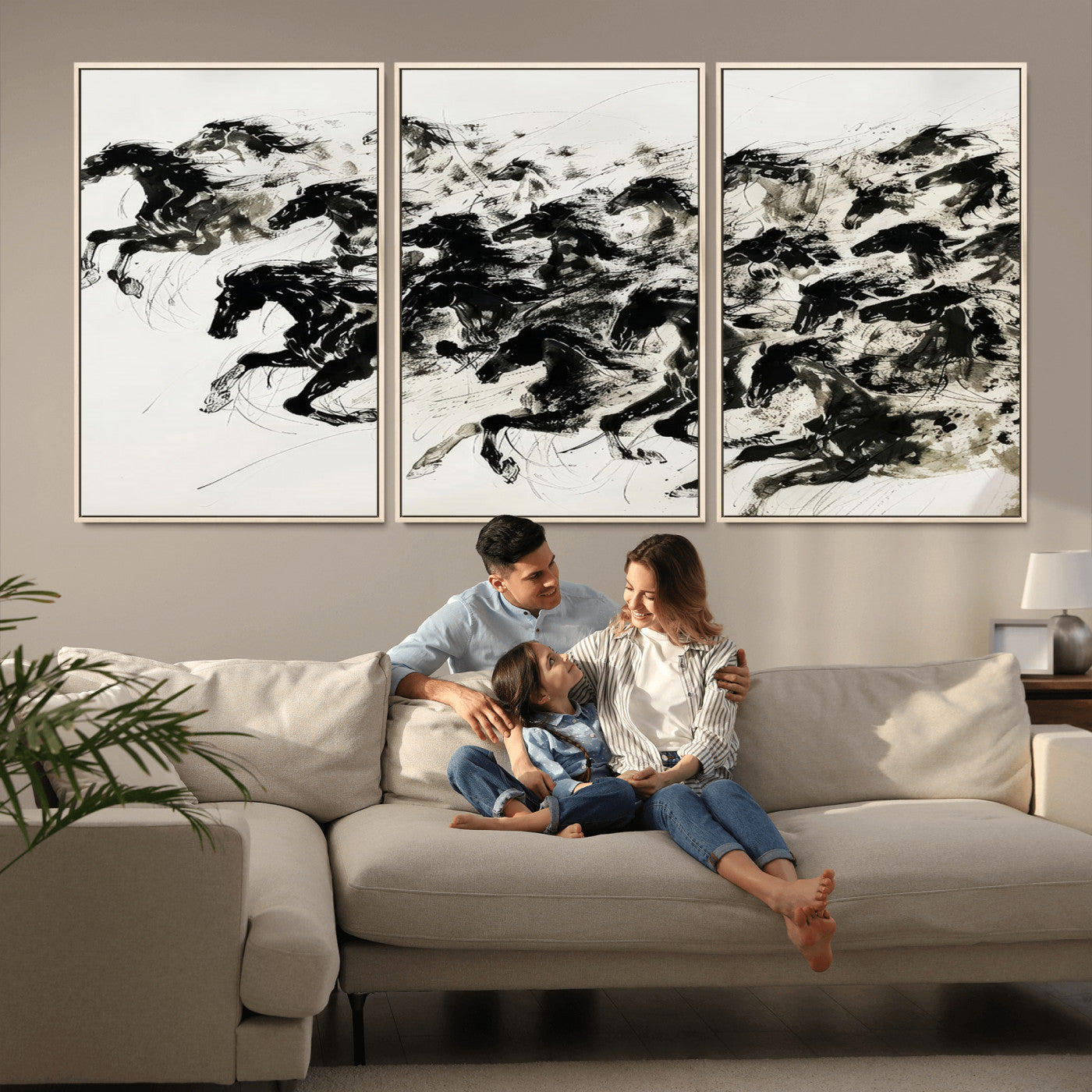 23069-MGV-CV-36X24-Abstract Horse Wall Art Canvas Print - Dynamic Black Ink Horse Print - Modern Equine Wall Decor for