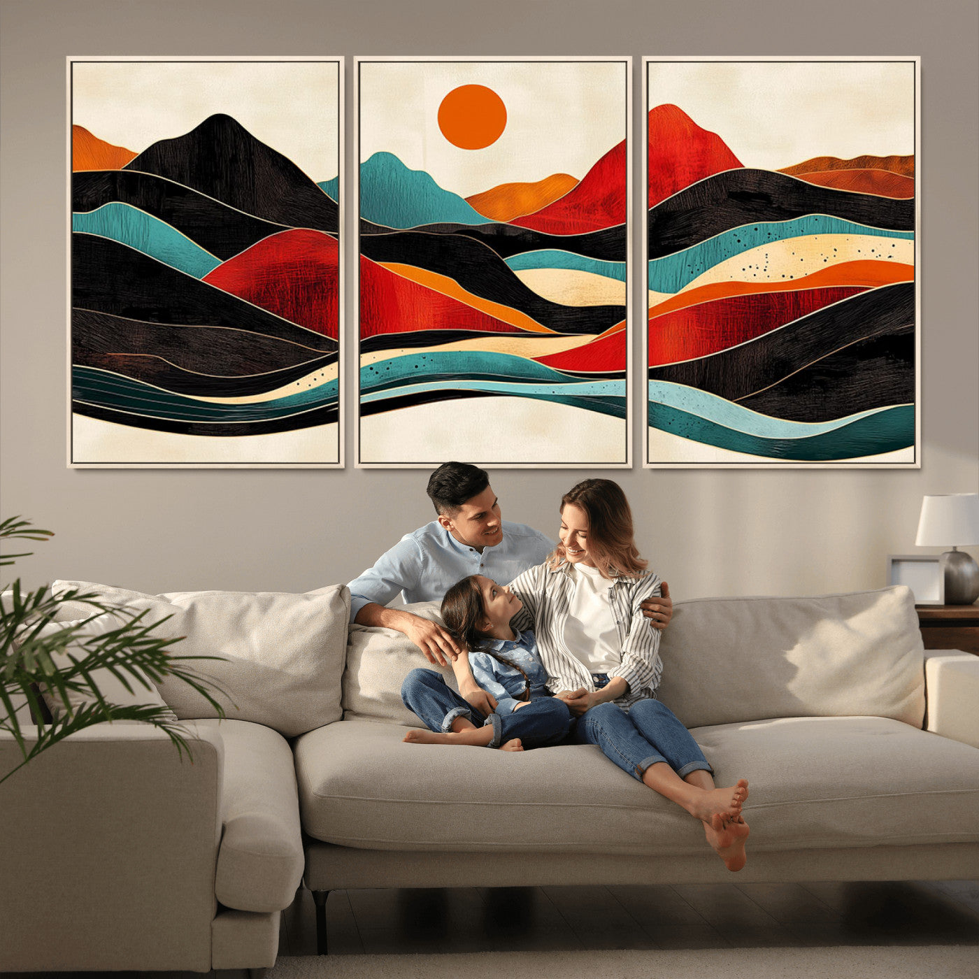 -Western Wall Decor - Large Triptych Mountain Canvas - Boho Woodland Wall Art Print - Framed