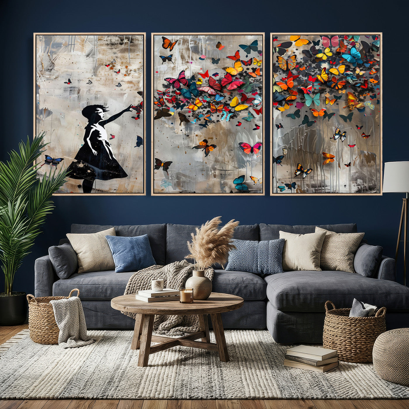 51446-MGV-CV-36X24 - Banksy Butterfly Girl Wall Art | 3-Piece Butterfly Girl Canvas