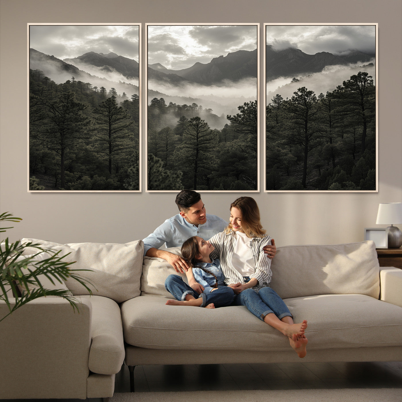 Canvas of moody pine forest and foggy mountain peaks under overcast skies, ideal for calm and rustic woodland-themed home decor.