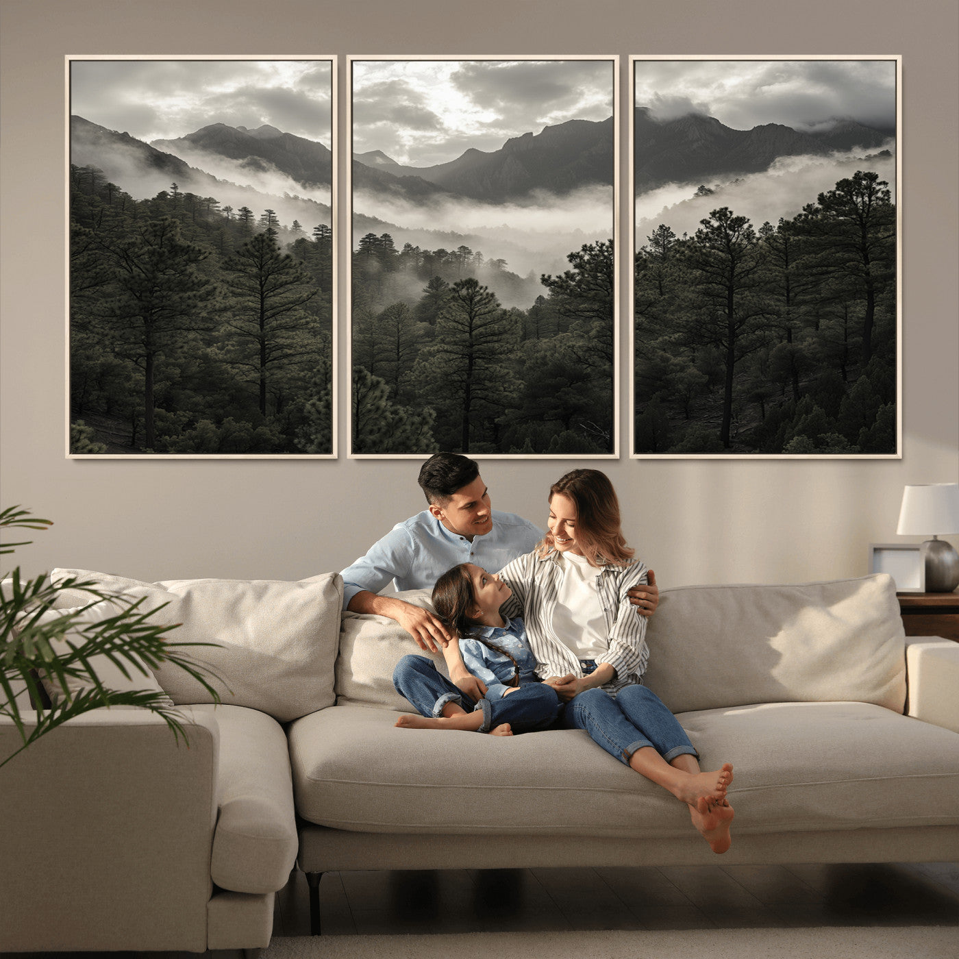 MGV-FC-60X30-3P - Misty Mountain Forest Wall Art – Canvas Print of Cloudy Peaks, Tranquil Pines, Enchanted Landscape, Majestic Nature Decor for Home or Office