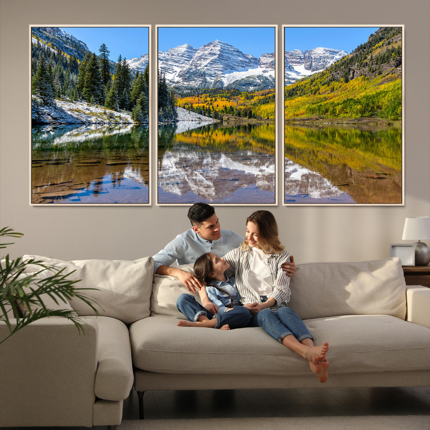 Canvas of Maroon Bells reflected in a clear alpine lake, with golden aspens and snowy peaks, ideal for crisp autumn or mountain-themed decor.