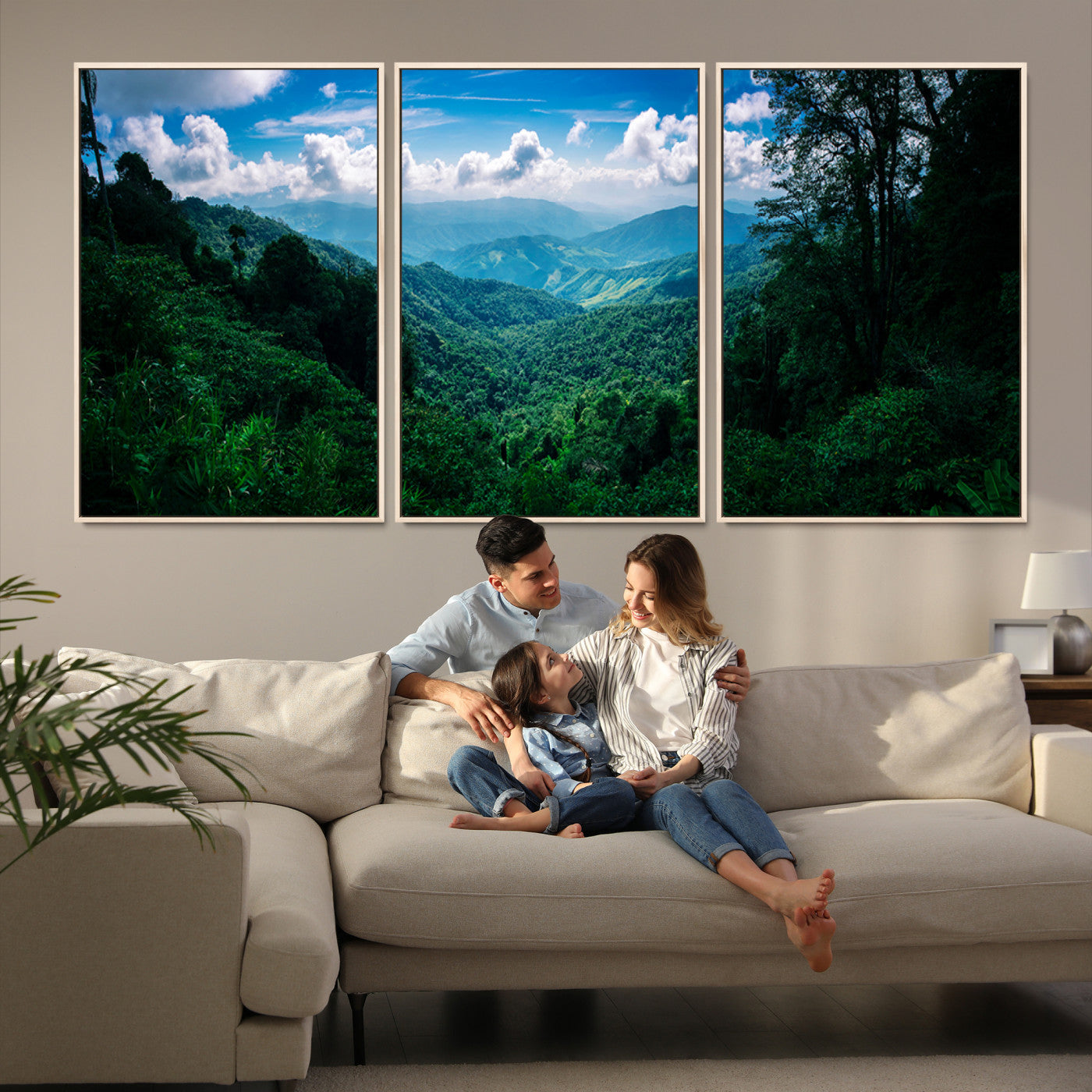 Canvas of a misty tropical jungle with vibrant greenery and layered blue mountains, ideal for exotic nature-themed wall décor.