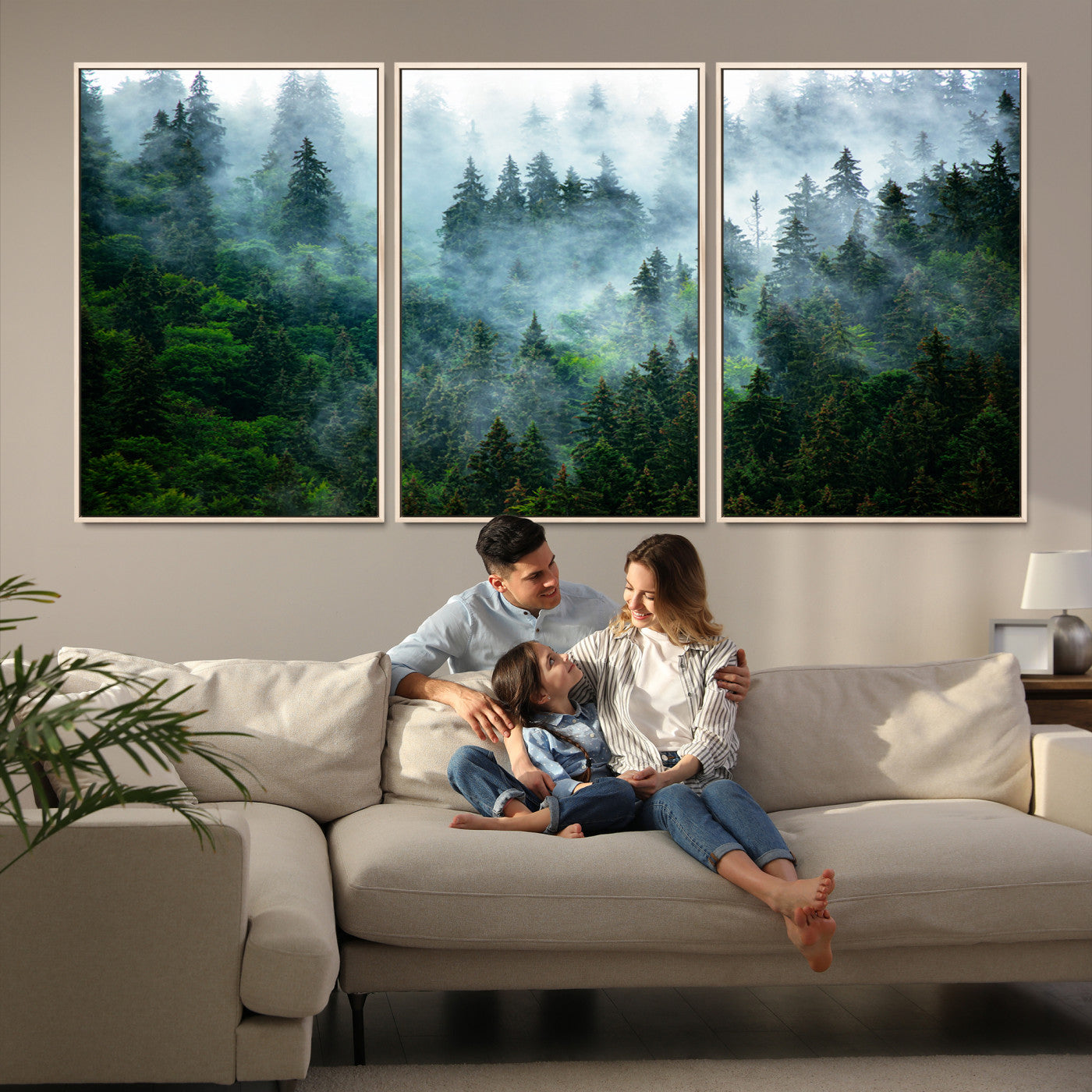 17393683-MGV-FC-60X30-3P_Natural-Misty Forest Wall Art Canvas Print – Framed Foggy Mountain Landscape Artwork, Serene Scenic Decor for Home, Office
