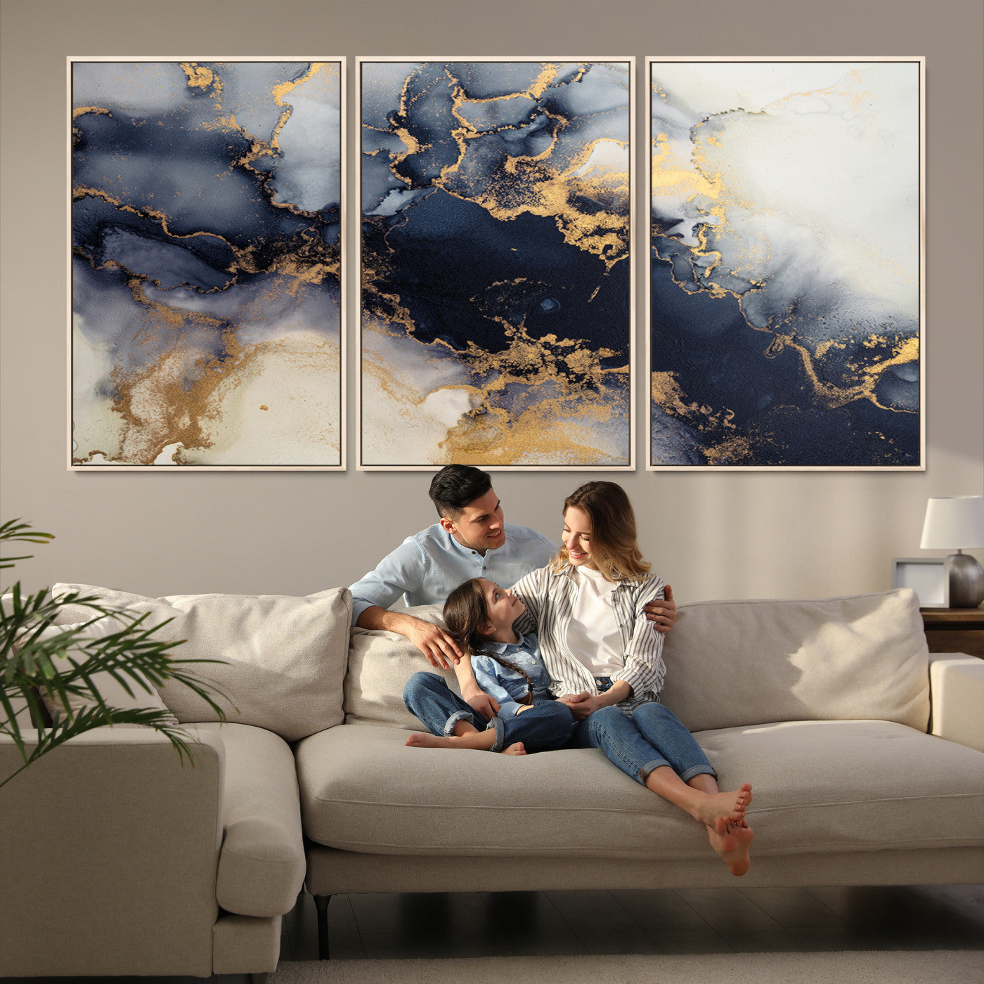 41136487-MGV-FC-60X30-3P_Natural-Black Marble Wall Art Canvas Print – Framed Abstract Gold Veins Elegant Luxury Design Decor for Home, Office