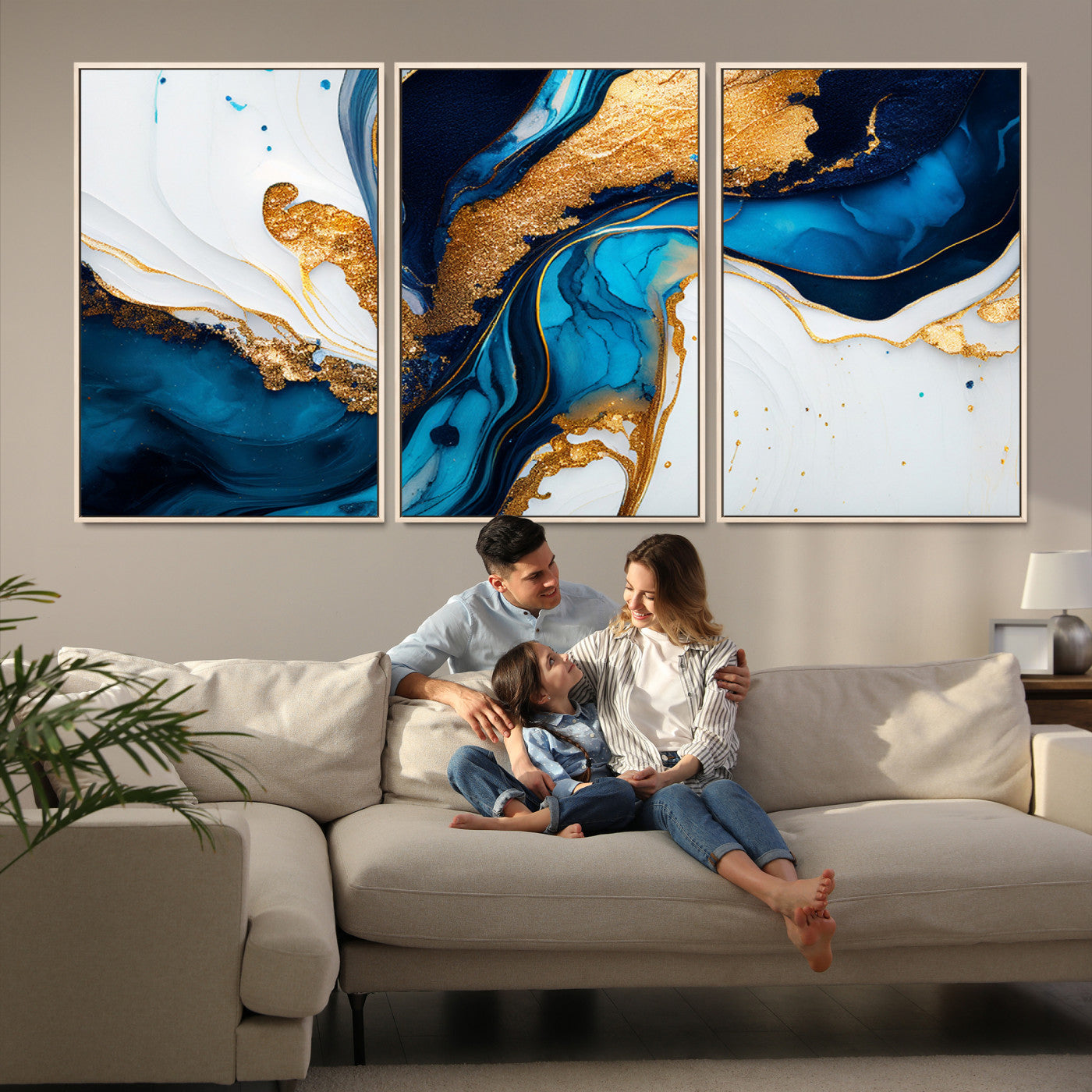 14107569-MGV-FC-60X30-3P_Natural-Gold Blue Abstract Wall Art Canvas Print, Elegant Navy and Gold Marble Flow Design Artwork for Home, Office