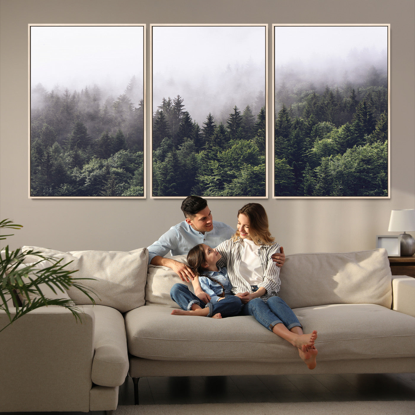 62890402-MGV-FC-60X30-3P-Misty Forest Wall Art Canvas Print, Framed Foggy Pines Art Picture Print, Pine Valley Perfect Moody
