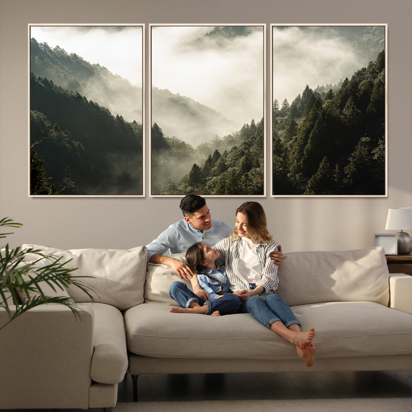 Canvas showing a misty pine forest valley with layered green hills and soft fog, perfect for moody or nature-themed decor styles.