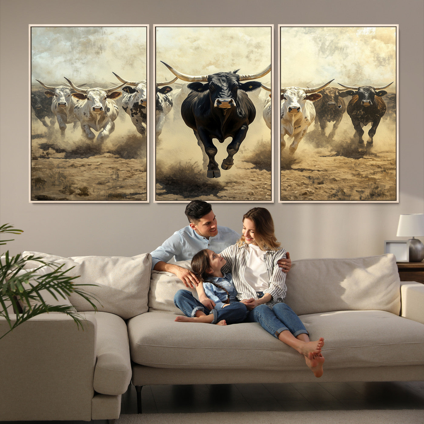 Dynamic canvas showing a Texas Longhorn stampede with earthy tones and bold movement, perfect for rustic or Western-style interiors.
