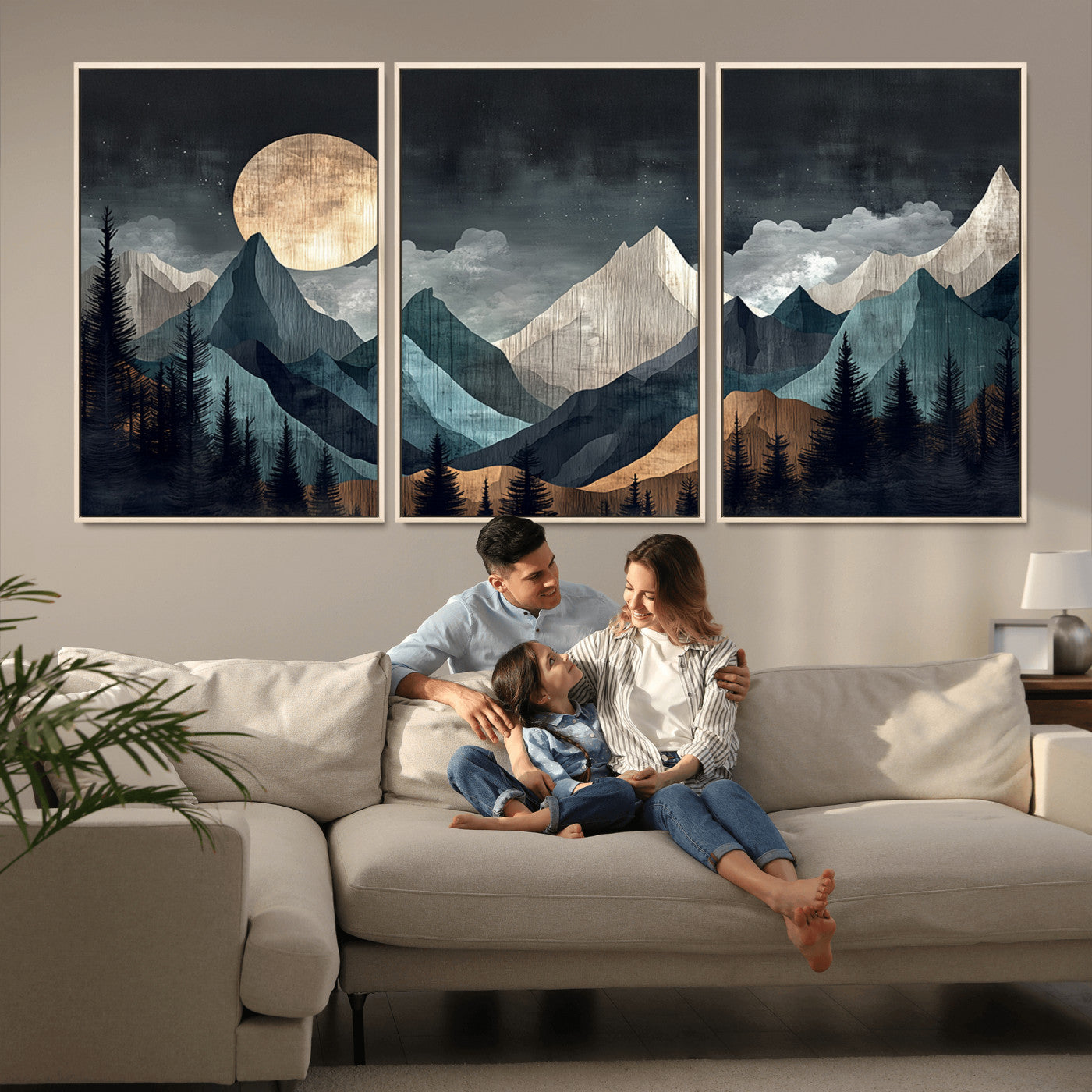 11060882-MGV-CV-36X24-Moonlit Mountain Wall Art Canvas Print – Silhouetted Pines Layered Peaks Tranquil Sky Mist Silver Light Nature Artwork for Home