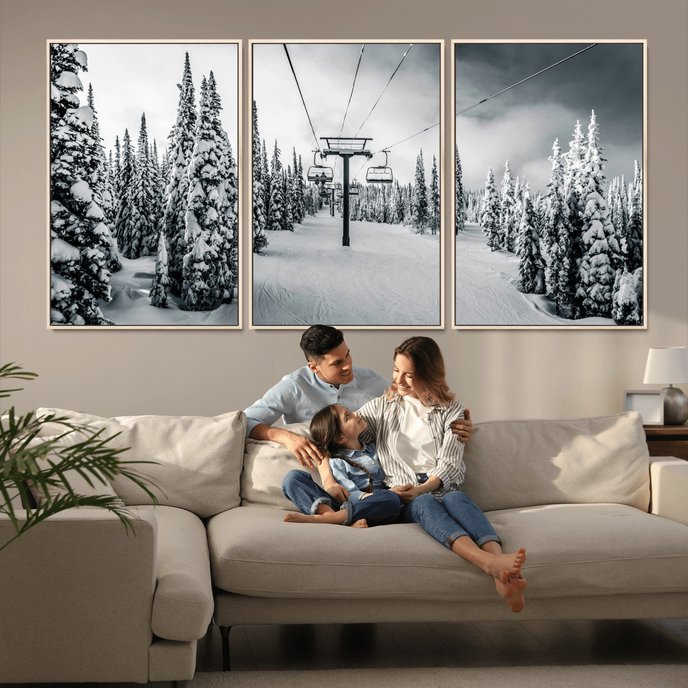 31156828-MGV-CV-36X24-Snowy Pines Wall Art Canvas Print – Framed Ski Lift Winter Forest Snowy Landscape Moody Lodge Artwork for Home, Office