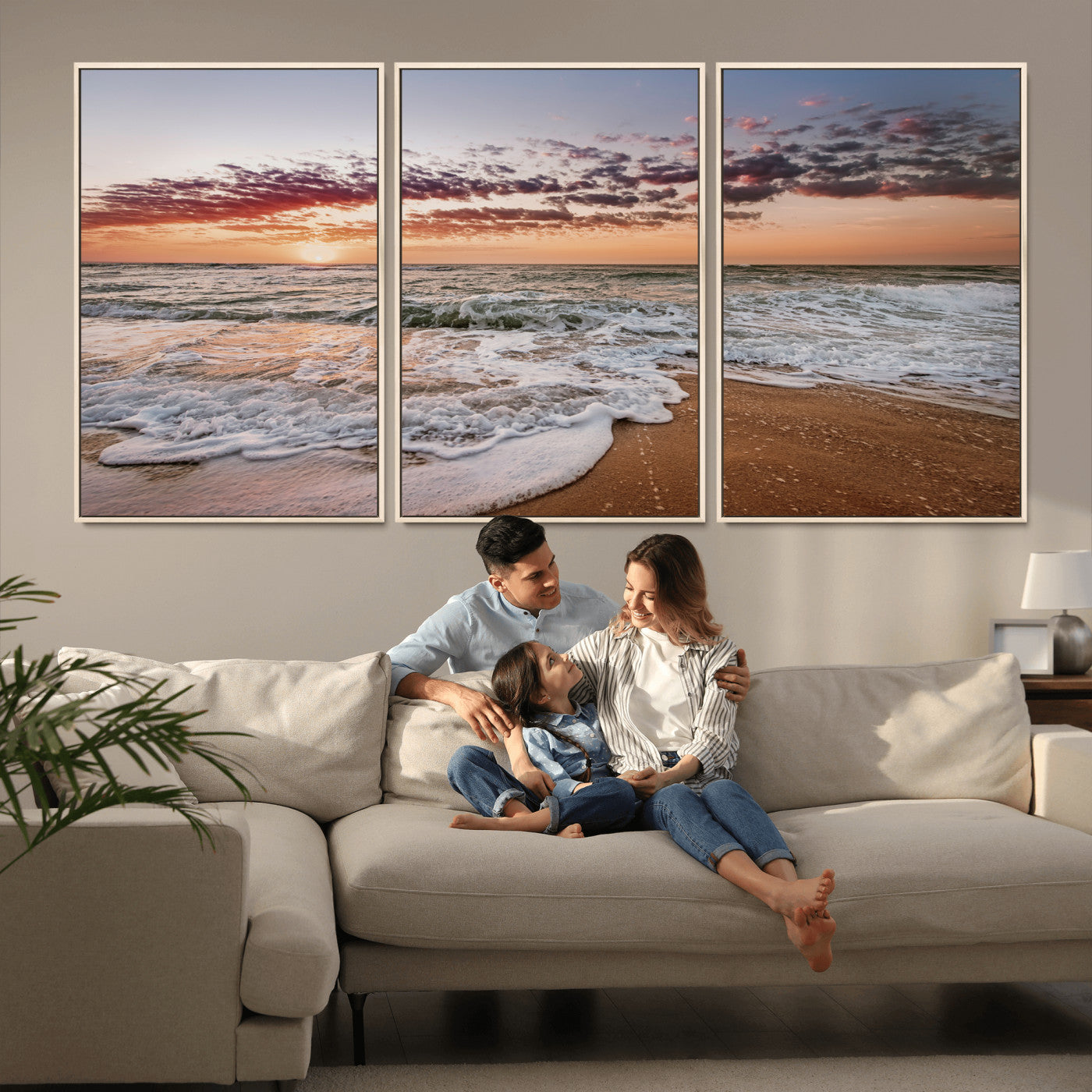 39846389-MGV-CV-36X24-Ocean Sunset Wall Art Canvas Print – Framed Sandy Shore Gentle Waves Coastal Landscape Minimalist Artwork for Home, Office