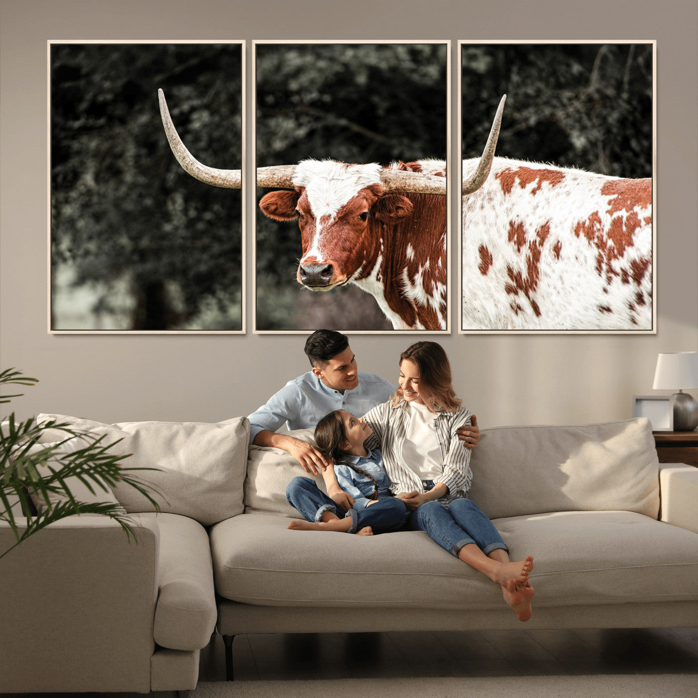 -Texas Longhorn Wall Art Canvas Print, Framed Spotted Cow Art Picture Print, Horned Bull Perfect Rustic Western Decor Artwork