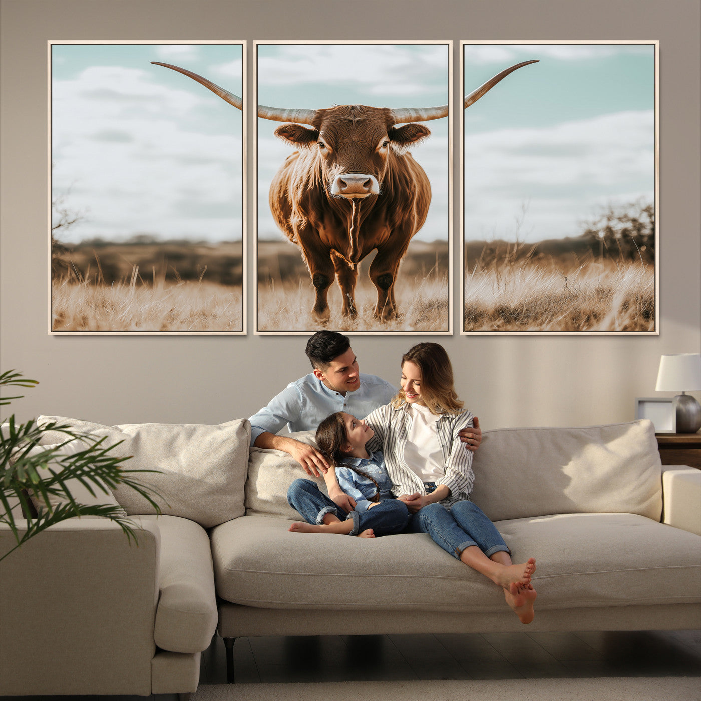 Texas Longhorn standing in a golden prairie under soft skies, ideal for rustic or western-style decor with warm natural tones.