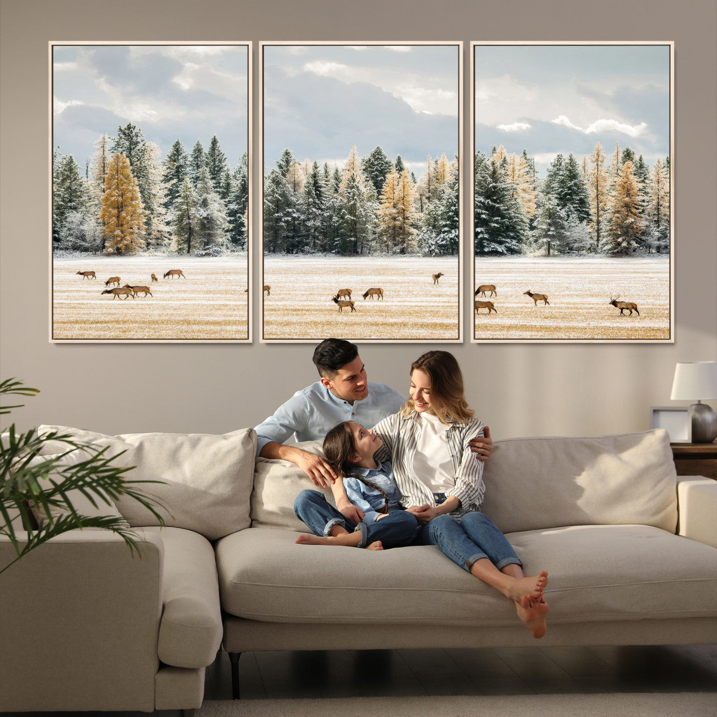 Elk herd in a snowy field with golden pine trees and frosted evergreens, ideal for neutral rustic or cabin-style home decor.