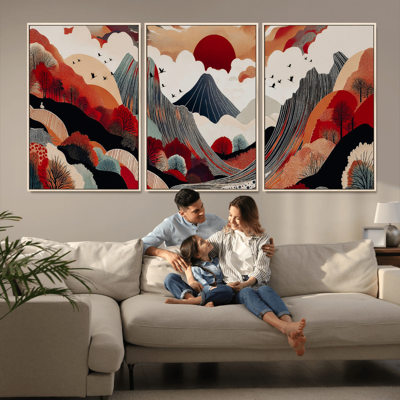 -Abstract Mountain Wall Art Canvas Print, Framed Vibrant Landscape Art Picture Print, Stylized Nature Drawing Perfect Contemporary Minimalist Decor Artwork