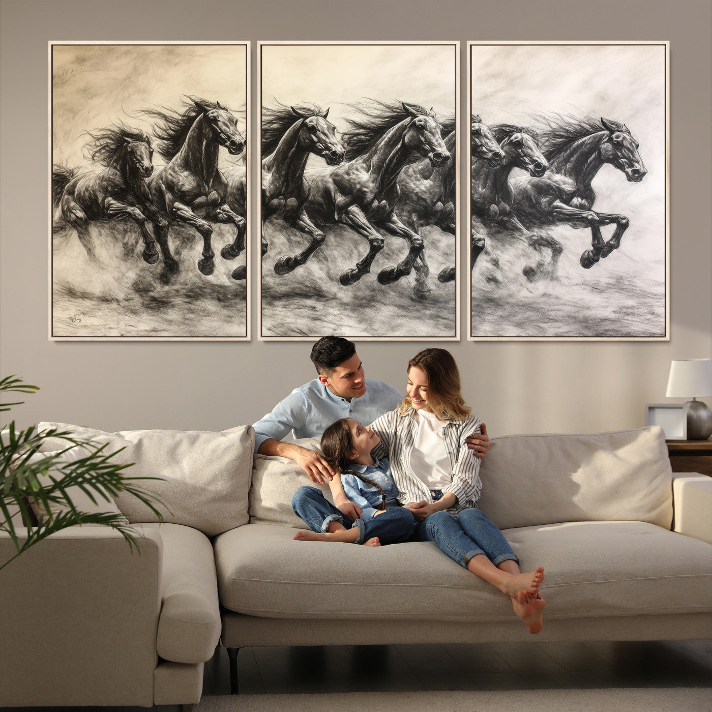56089591-MGV-FC-60X30-3P-Galloping Horses Wall Art Canvas Print, Framed Wild Stallions Art Picture Print, Horse Herd Sketch