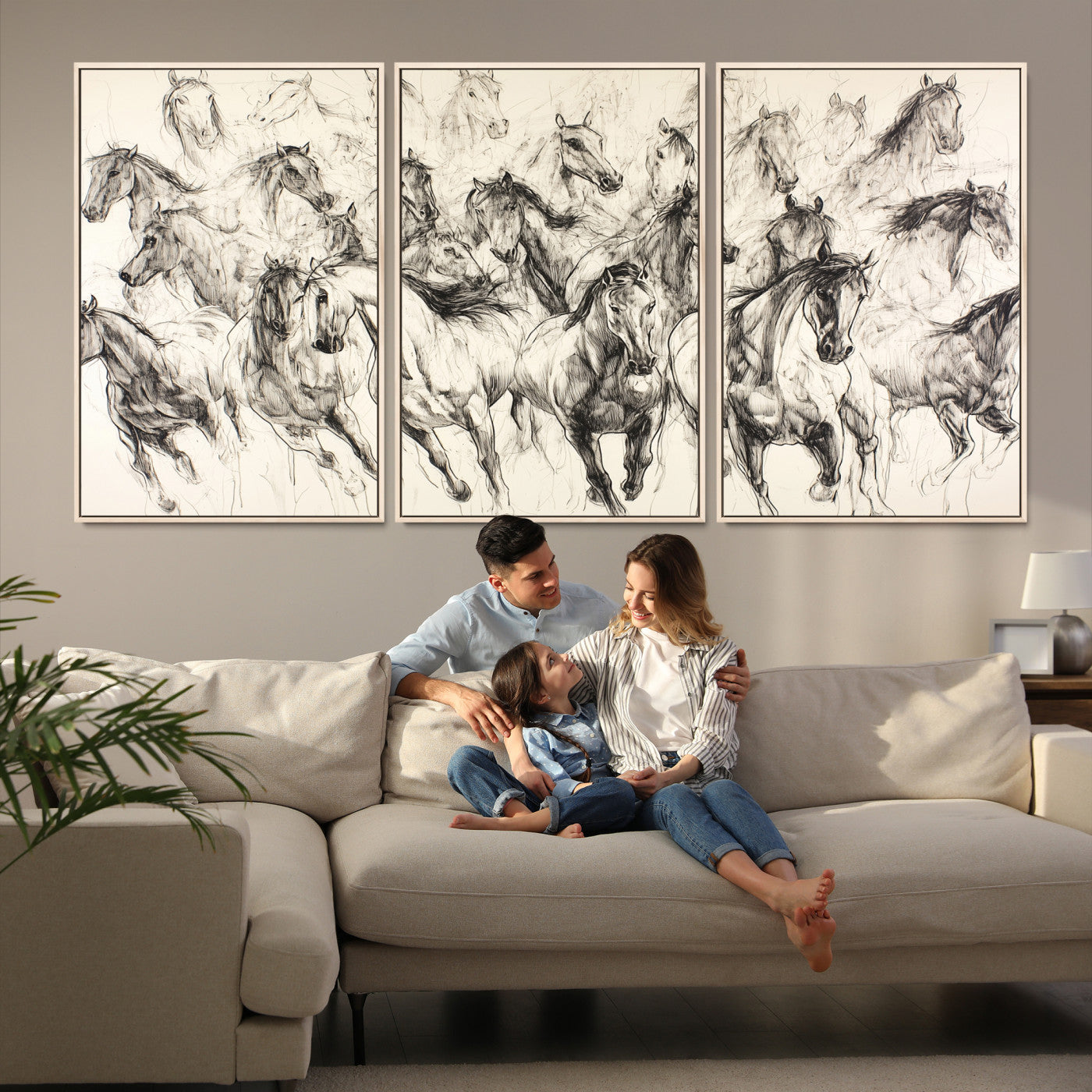 19433417-MGV-FC-60X30-3P-Running Horses Wall Art Canvas Print – Framed Galloping Herd Dynamic Equestrian Sketch Nature Artwork for Home Office