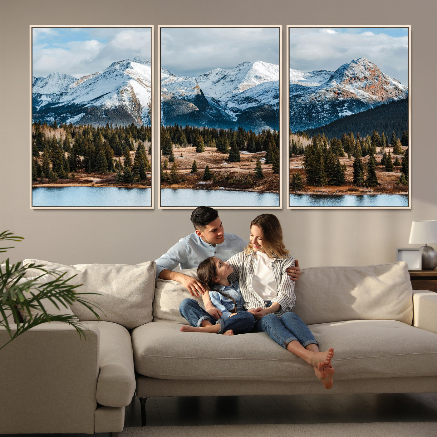 36247746-MGV-FC-60X30-3P-Snowy Peaks Wall Art Canvas Print, Framed Alpine Lake Art Picture Print, Pine Forest Perfect Alpine