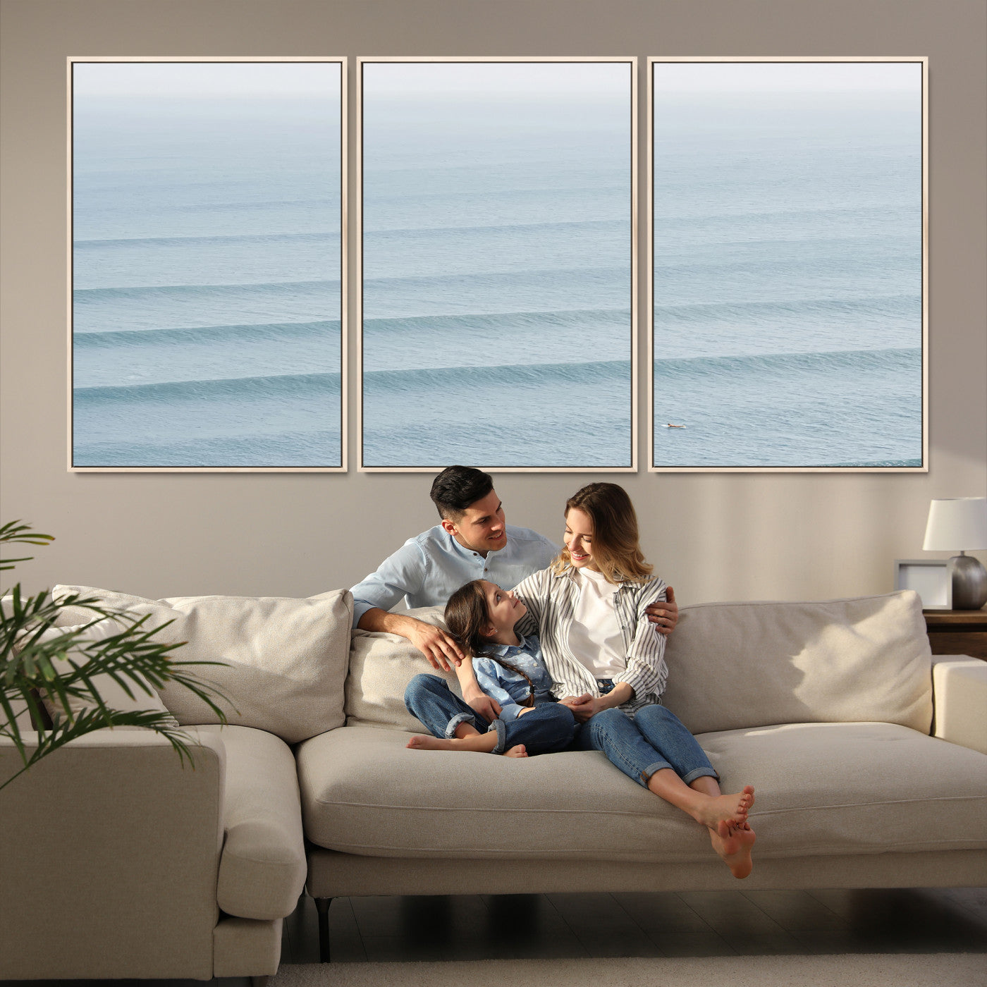 47814787-MGV-FC-60X30-3P-Ocean Waves Wall Art Canvas Print, Framed Solo Surfer Art Picture Print, Wave Lines Perfect