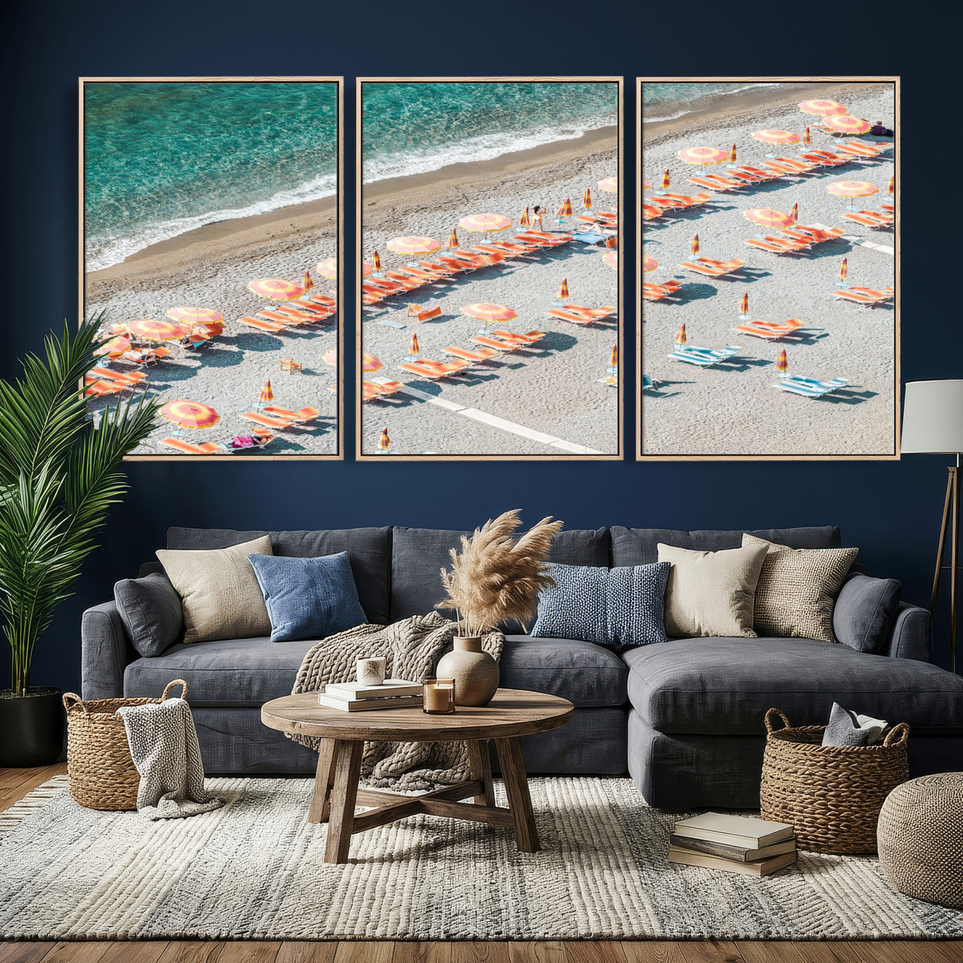 27805351-MGV-CV-36X24 - Beach Umbrellas Wall Art – Orange Loungers & Turquoise Water Canvas Print, Sandy Shore and Summer Vibes