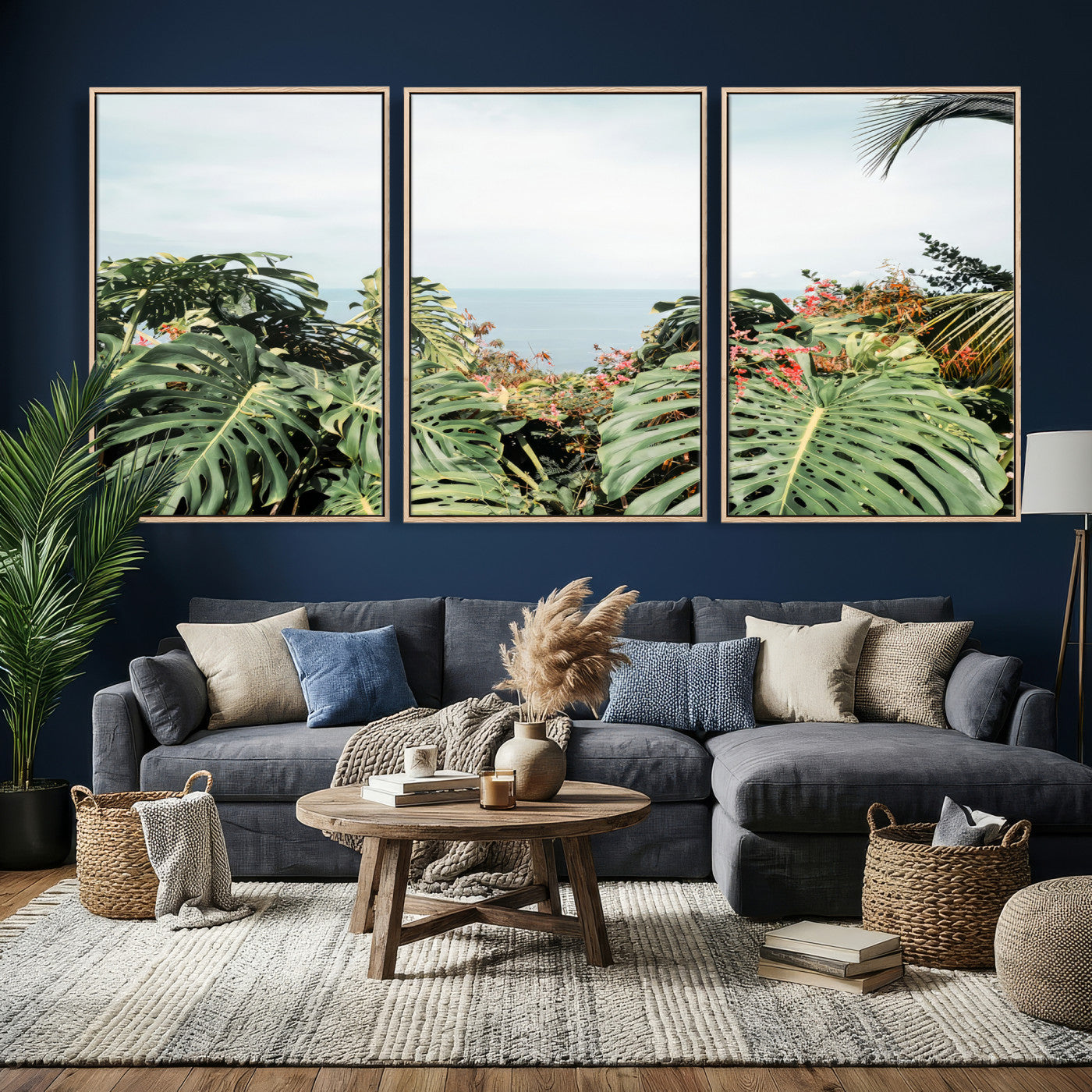 45700479-MGV-CV-36X24 - Tropical Greenery Wall Art – Exotic Leaves & Ocean View Canvas Print, Sunlit Paradise and Vibrant Nature for Living Room or Coastal Decor