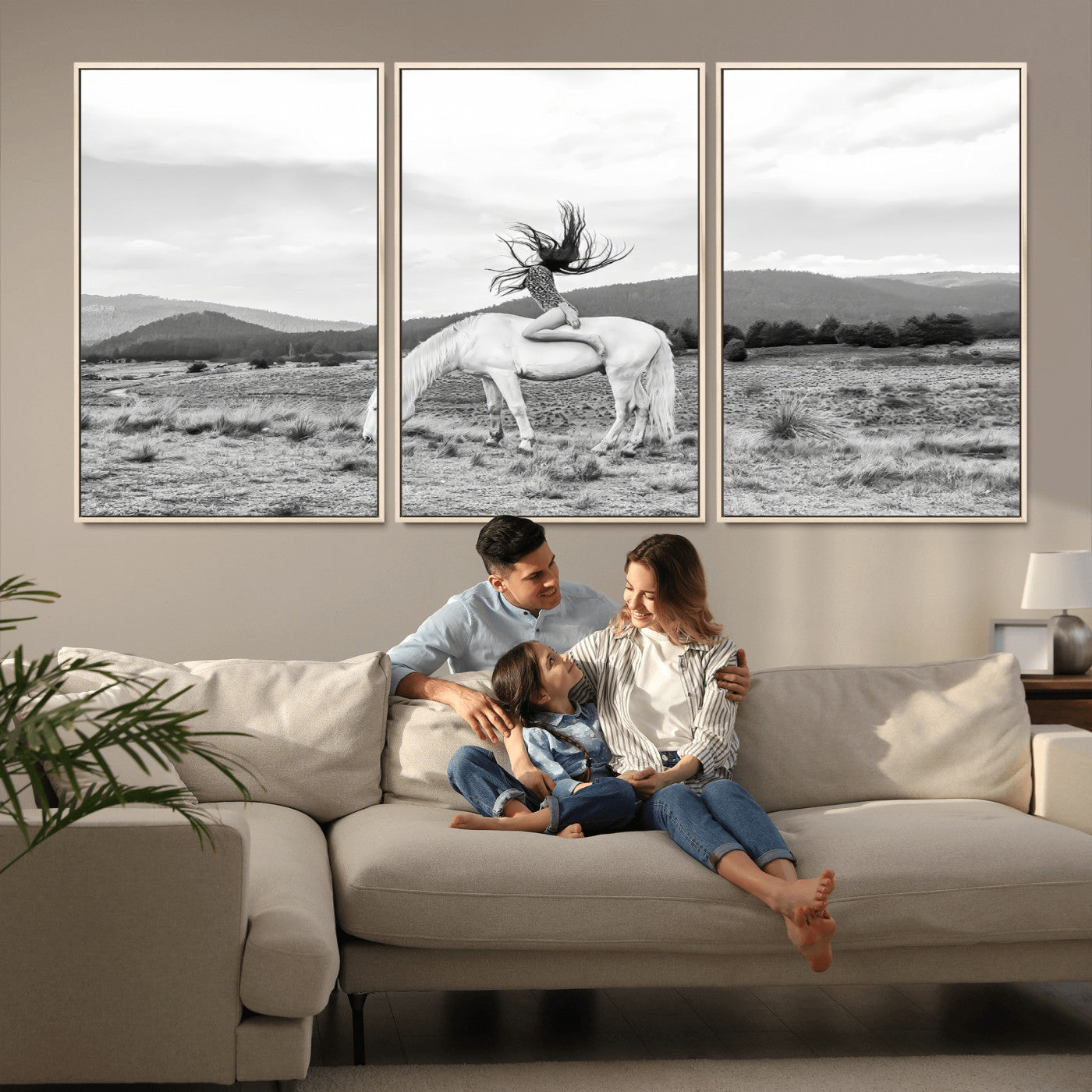 62789800-MGV-CV-36X24-White Horse Wall Art Canvas Print – Framed Woman Rider Equestrian Pose Western Boho Elegant Artwork for Home Office