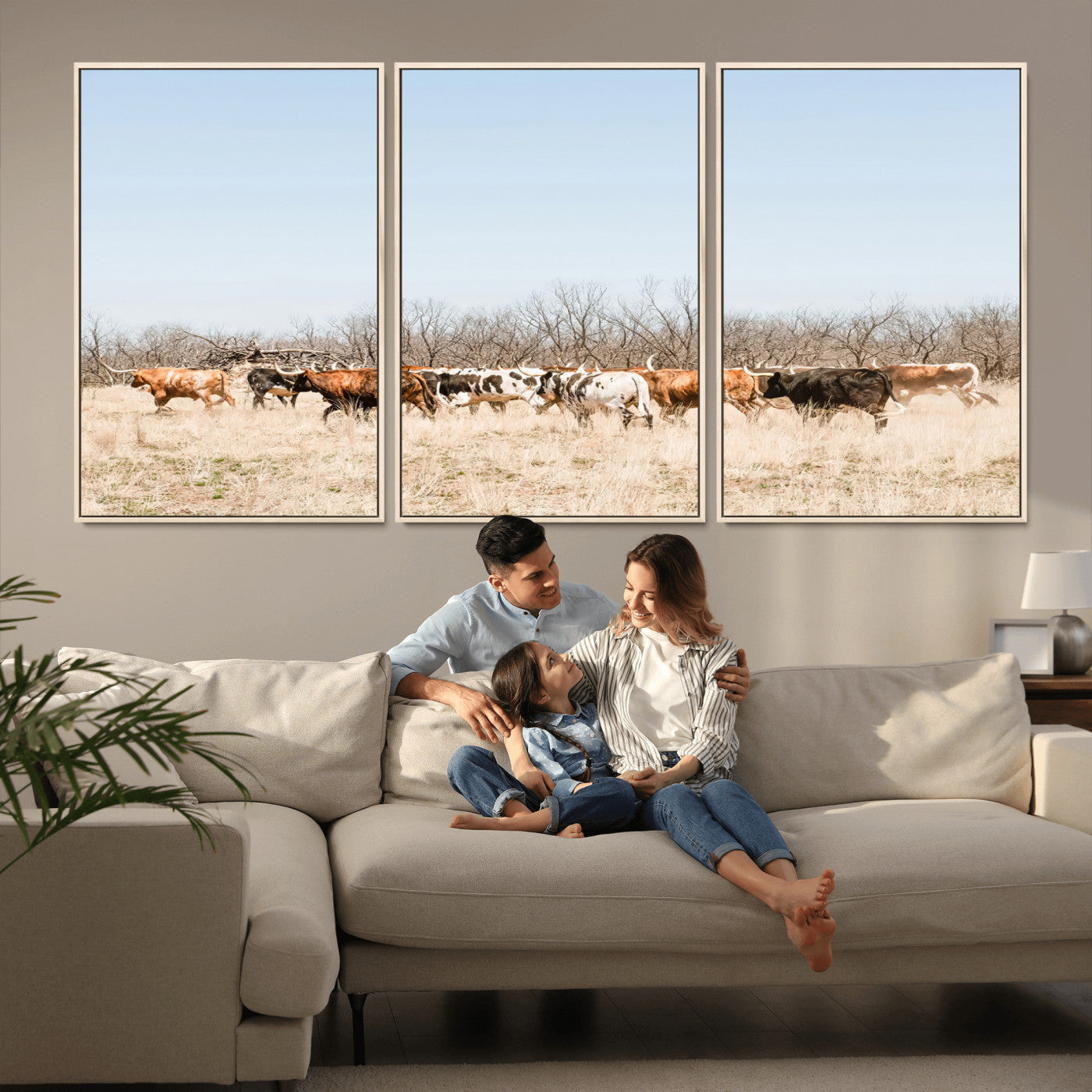 16563092-MGV-CV-36X24-Texas Longhorns Wall Art Canvas Print – Framed Western Cattle Rustic Herd Farmhouse Country Animal Artwork for Home Office