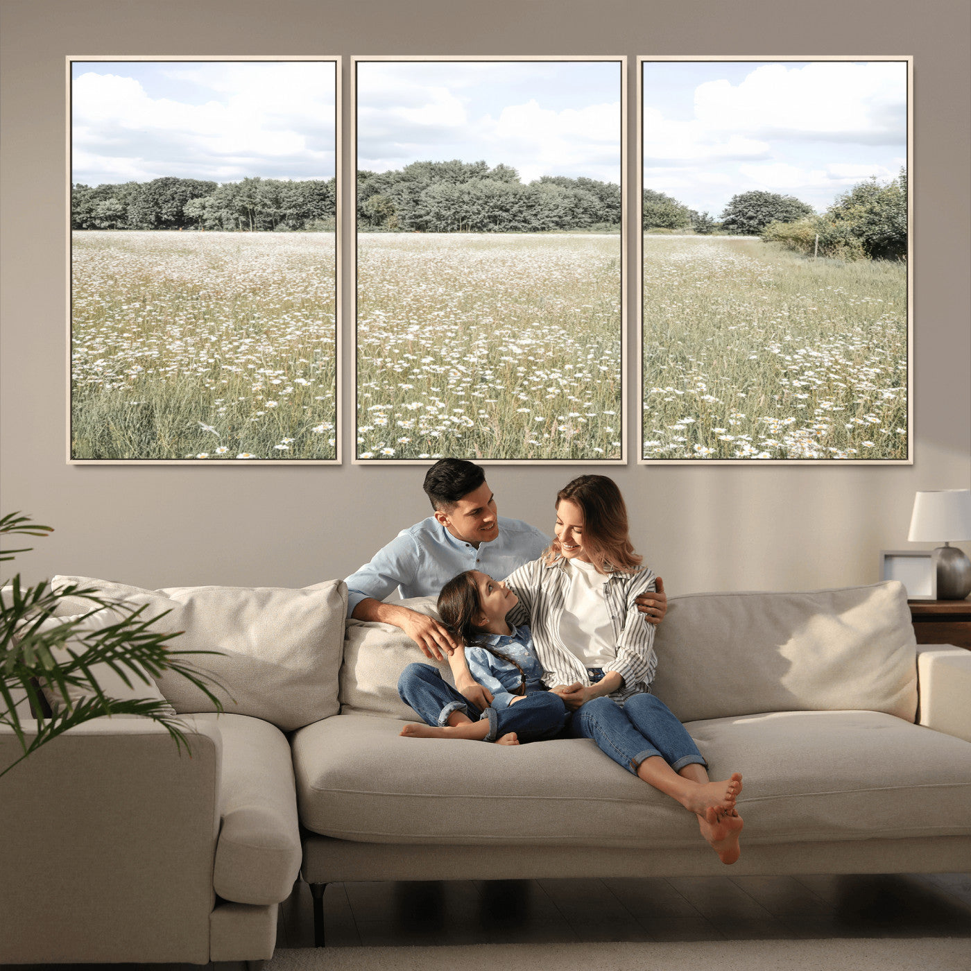 43258946-MGV-CV-36X24-Charming Daisy Field Wall Art Canvas Print – Framed Pastel Flower Meadow Bloom Scandinavian Minimal Artwork for Home Office