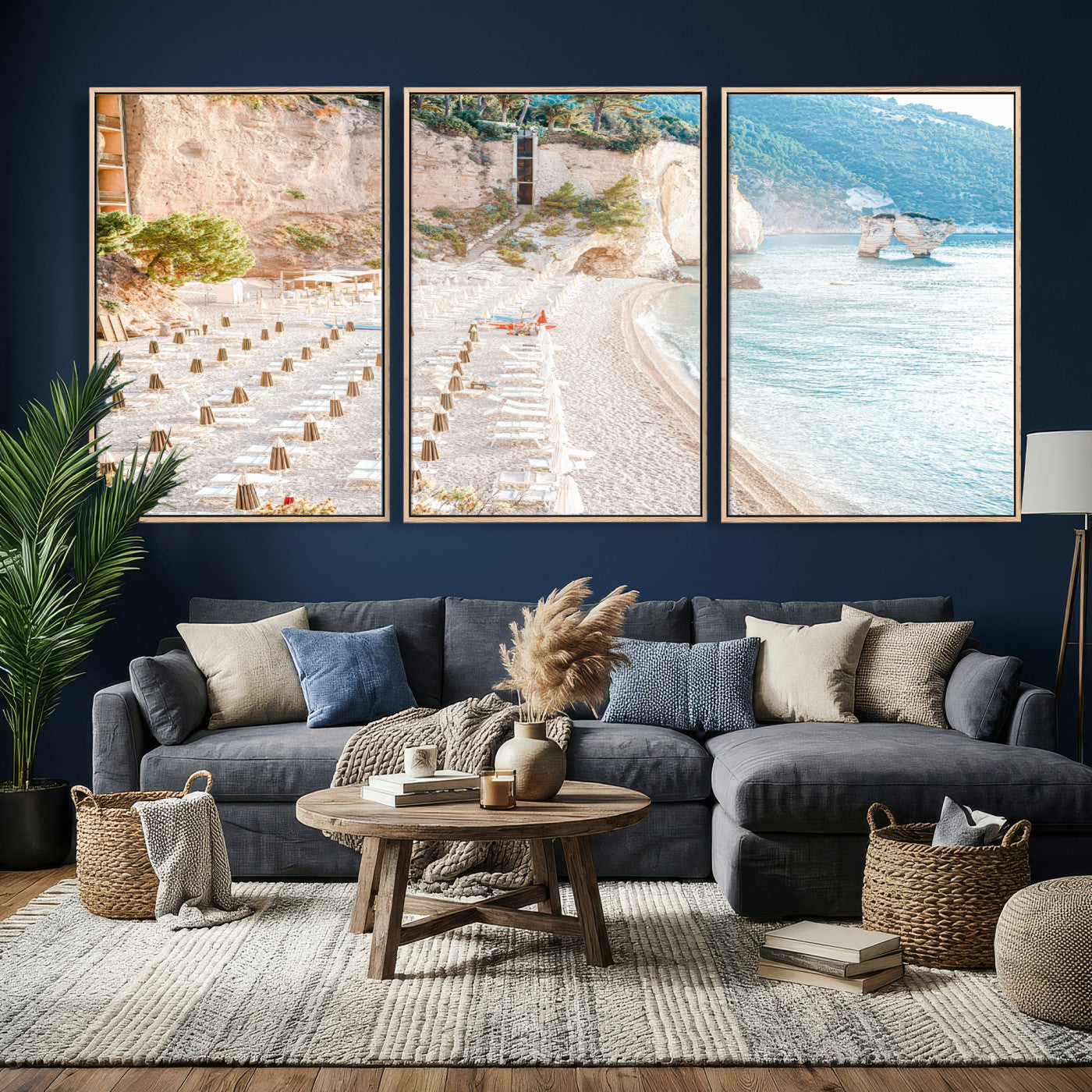 84816639-MGV-CV-36X24 - Sunny Beach Wall Art – Chairs & Umbrellas Canvas Print, Clear Water, Rocky Cliffs, Coastal Calm for Living Room or Vacation Home Decor