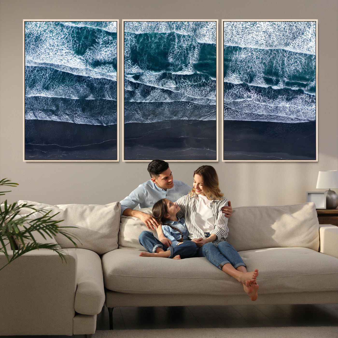 87941475-MGV-FC-60X30-3P-Black Beach Wall Art Canvas Print – Framed Aerial Ocean View Moody Coastal Seascape Nature Artwork for Home Office