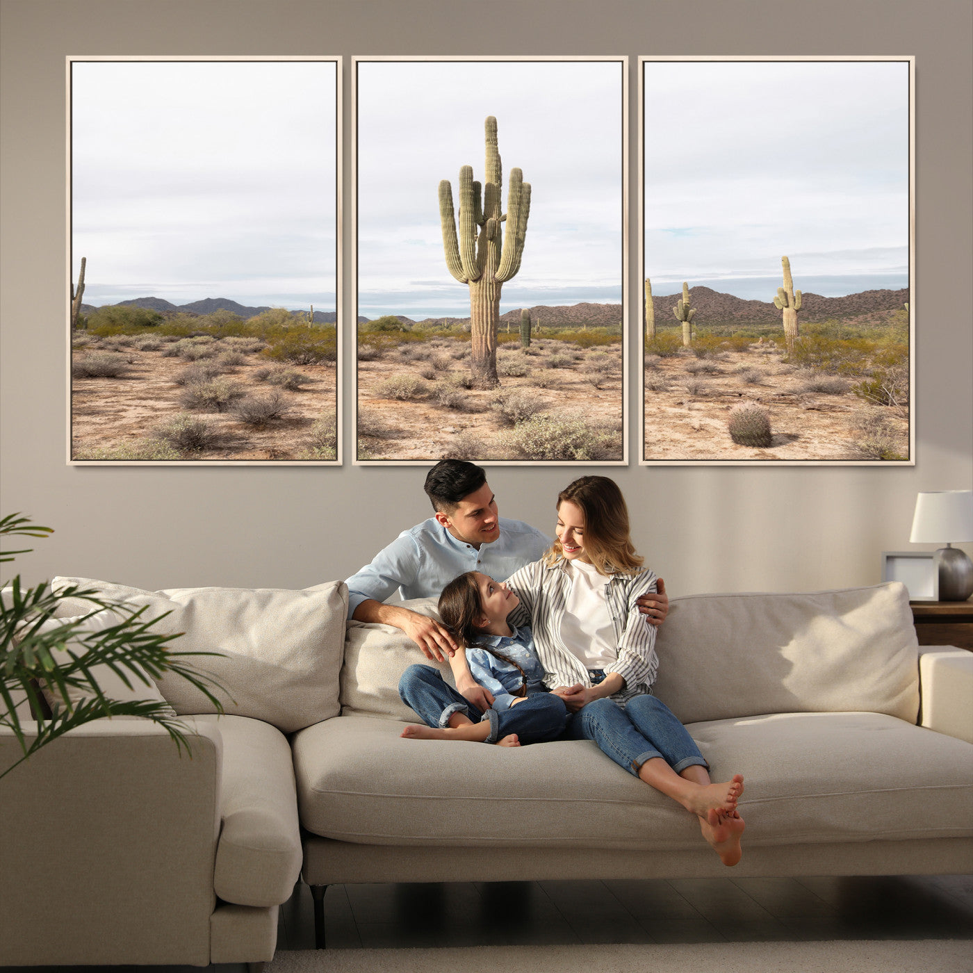 96147924-MGV-FC-60X30-3P-Saguaro Cactus Wall Art Canvas Print, Framed Desert Art Picture Print, Minimalism Perfect Boho