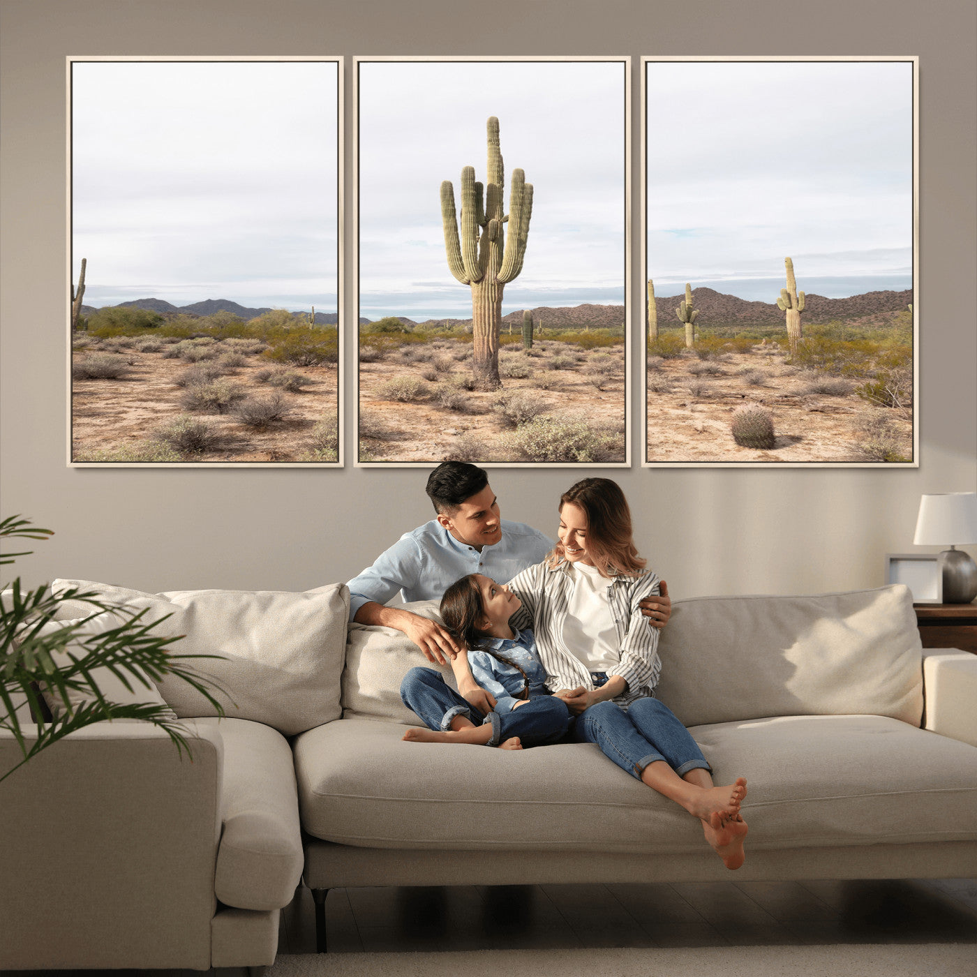 MGV-FC-60X30-3P - Saguaro Cactus Wall Art Canvas Print, Framed Desert Cactus Art Picture Print, Earthy Desert Perfect Southwestern Boho Decor Artwork