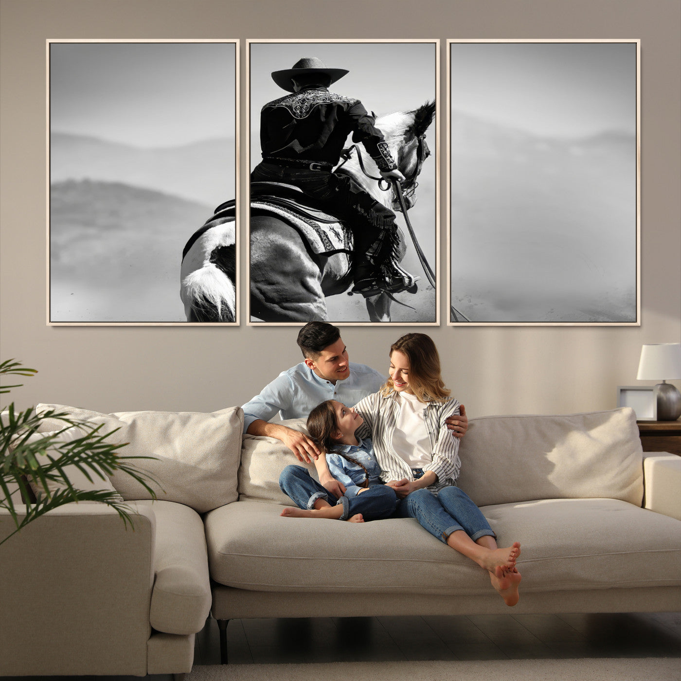 83102464-MGV-FC-60X30-3P-Western Wall Art Canvas Print – Framed Cowboy and Horse Scene Artwork for Rustic Western Home, Office Decor