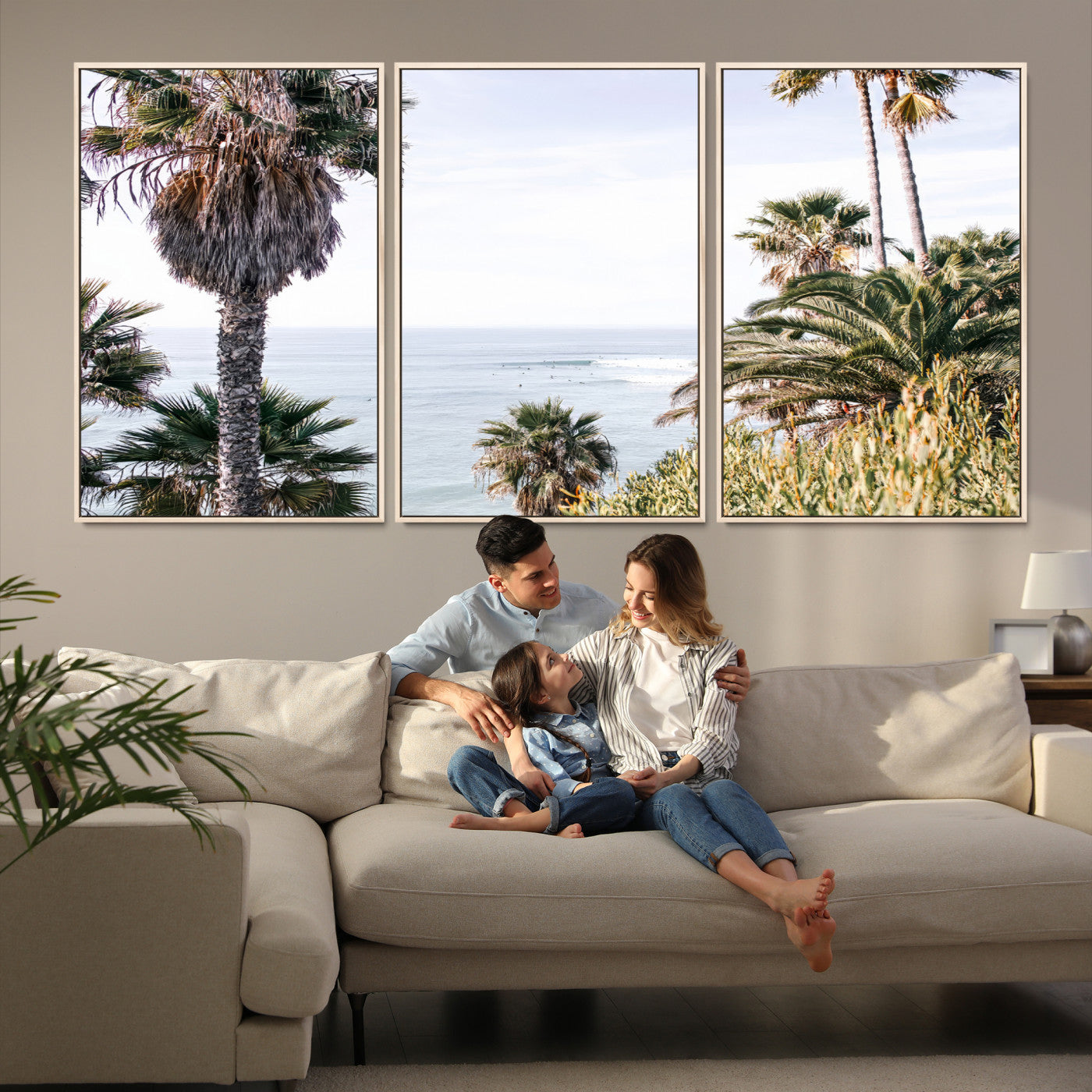 51404565-MGV-FC-60X30-3P-Coastal Palm Trees Wall Art Canvas Print – Framed Ocean Breeze Tropical Scene Artwork for Relaxing Home, Office Decor