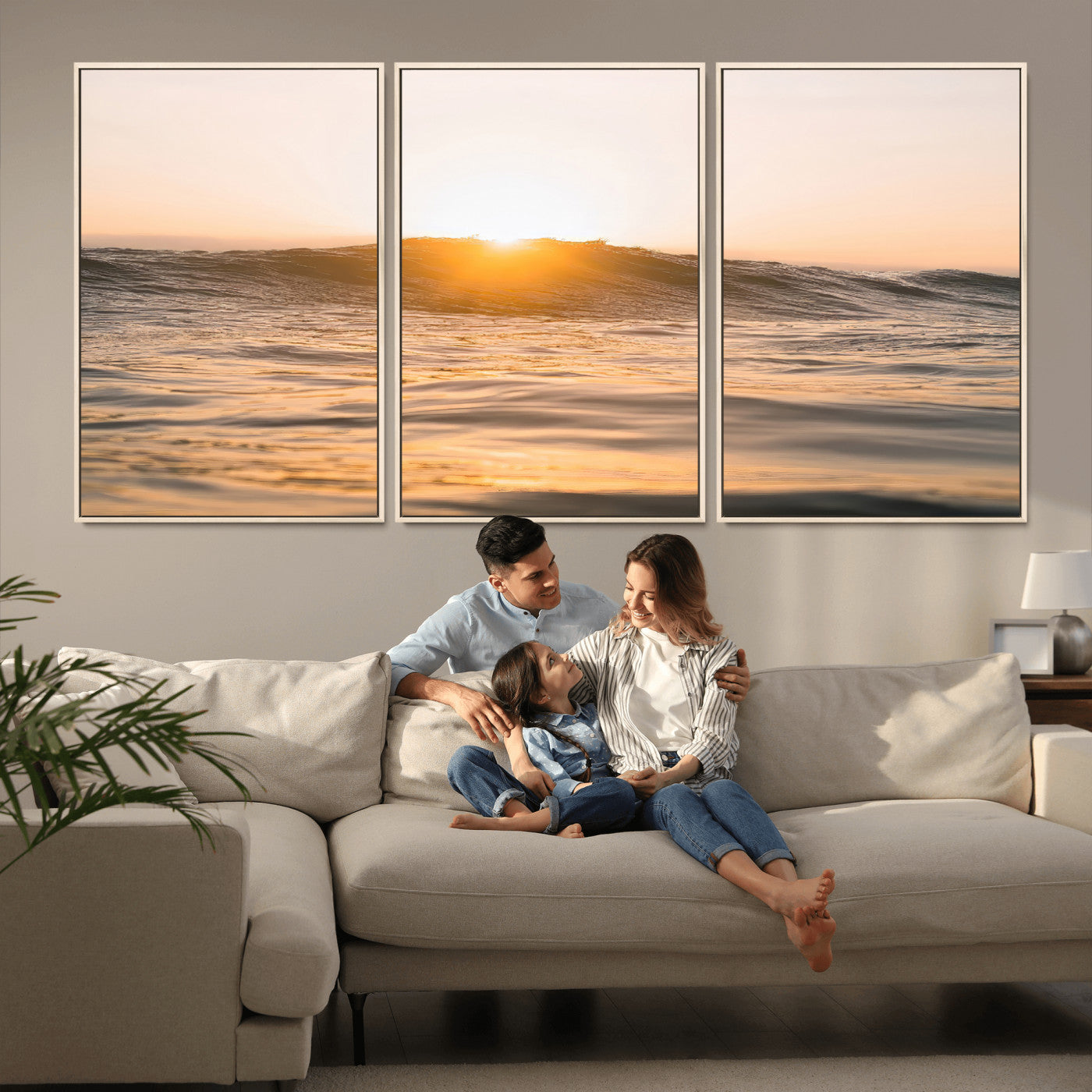 16973771-MGV-CV-36X24-Calm Water Wall Art – Framed Sunset Waves Canvas Artwork, Coastal Warm Design, Minimal Ocean Decor for Home, Office