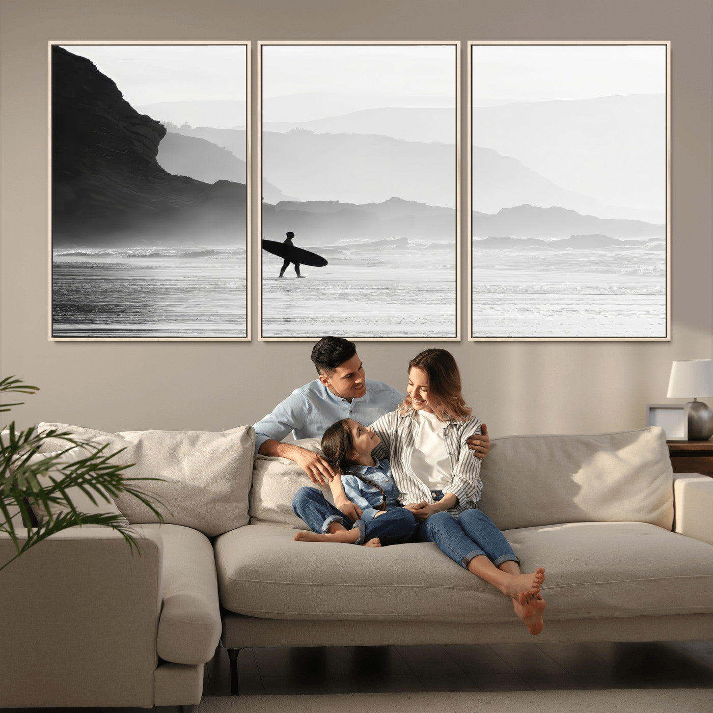 MGV-FC-60X30-3P - Surfer In Fog Wall Art Canvas Print, Framed Moody Shoreline Art Picture Print, Cliffside Waves Perfect Minimalist Coastal Decor Artwork