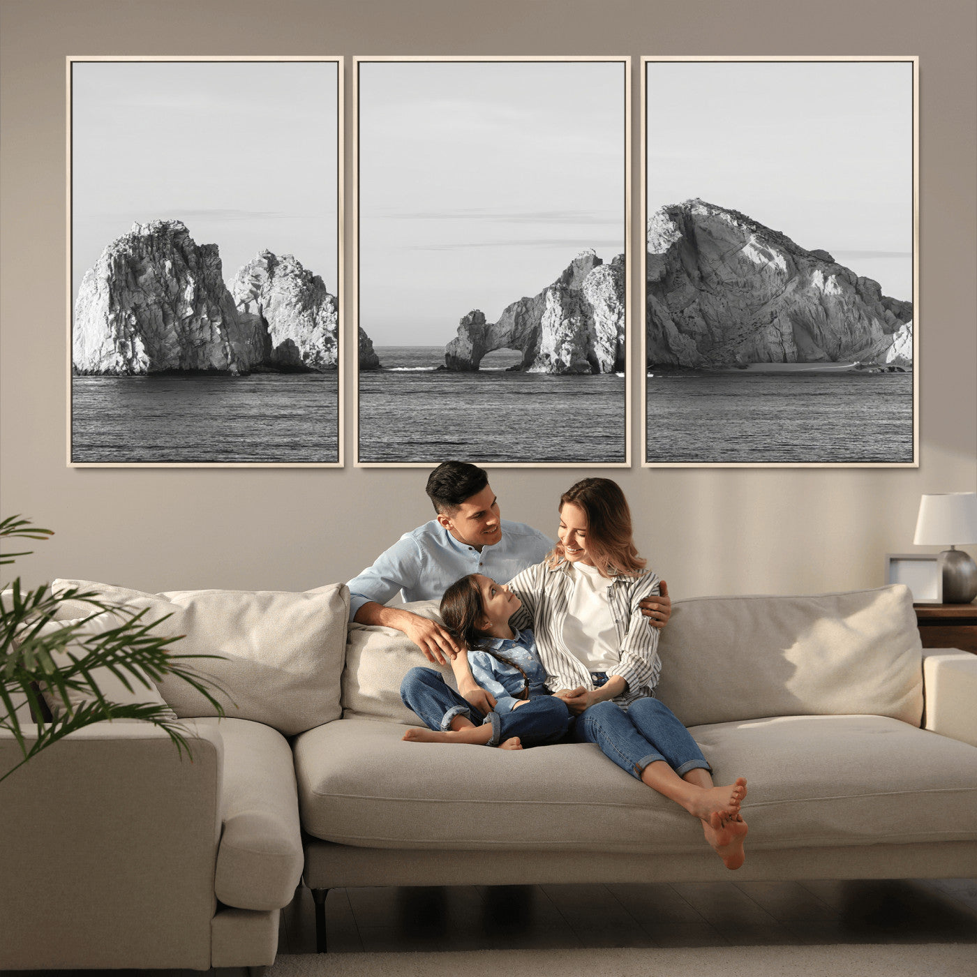 MGV-FC-60X30-3P - Rugged Coastline Wall Art Canvas Print, Framed Ocean Cliffs Art Picture Print, Monochrome Seascape Perfect Coastal Minimalist Decor Artwork