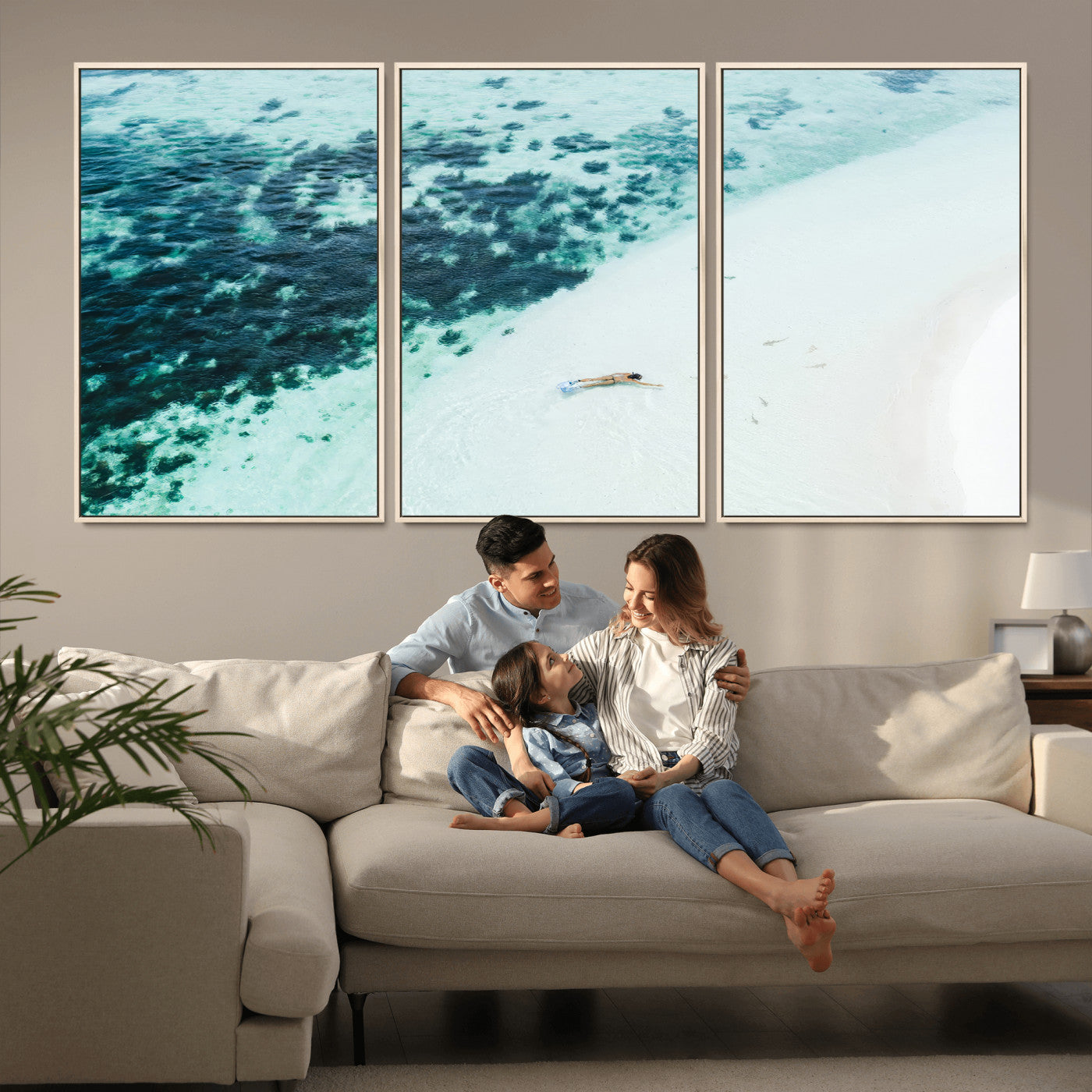 33764764-MGV-CV-36X24-Minimal Beach Wall Art – Framed Ocean Swimming Canvas Artwork, Clear Blue Sea Design, Modern Coastal Decor for Home, Office