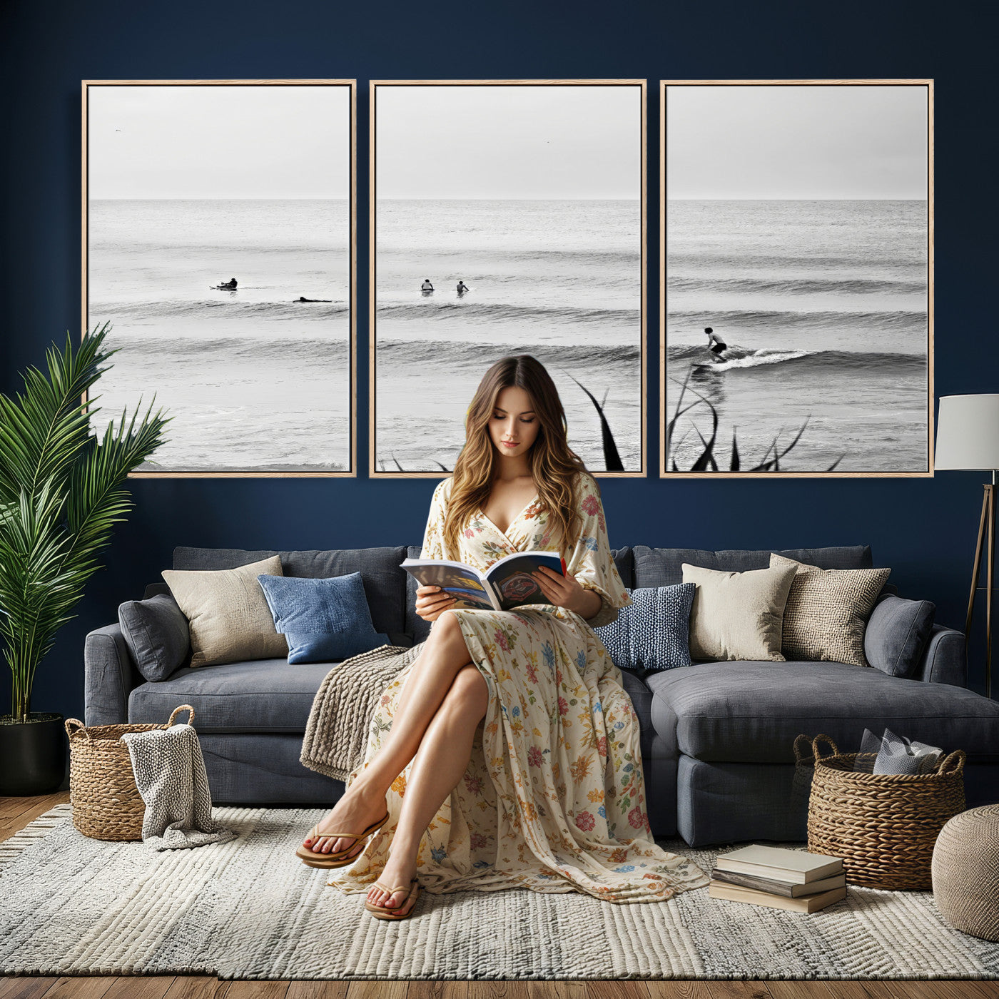 33821421-MGV-CV-36X24 - Surfer Silhouette Wall Art Canvas Print, Framed Calm Ocean Art Picture Print, Monochrome Surf Minimalist Coastal Decor Artwor