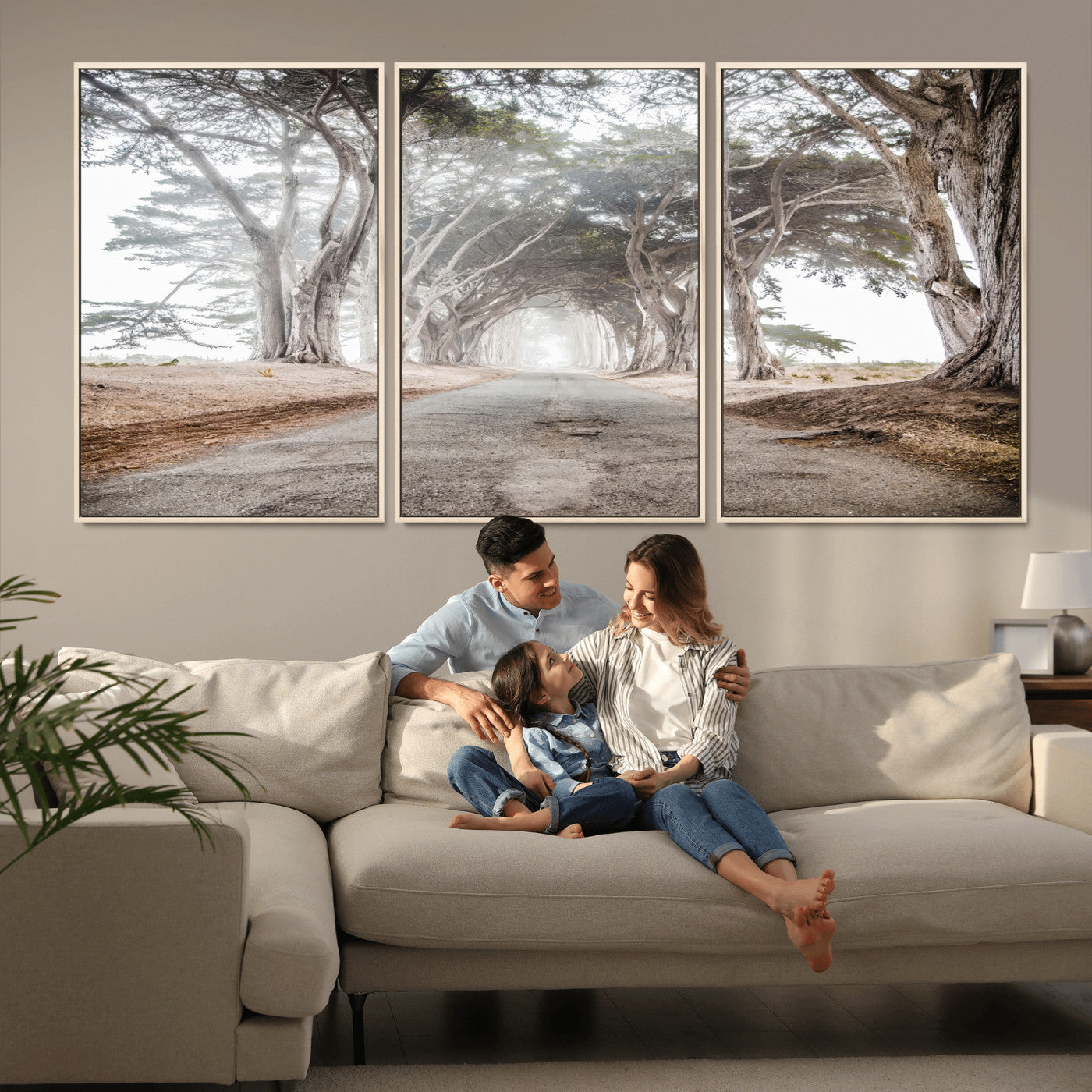 87090469-MGV-CV-36X24-Cypress Tunnel Wall Art – Framed Misty Road Canvas Artwork, Foggy Trees Design, Rustic Woodland Nature Decor for Home, Office