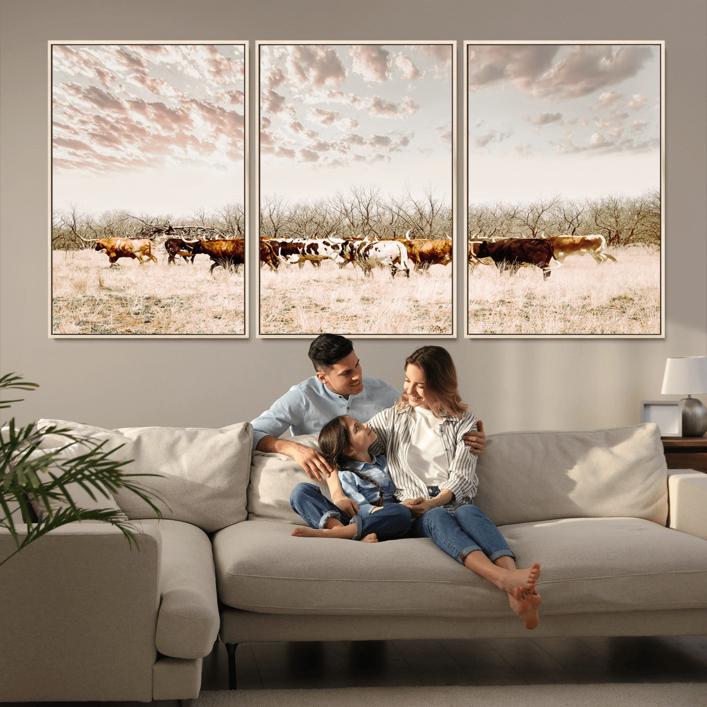 -Longhorn Cattle Wall Art Canvas Print, Framed Texas Ranch Art Picture Print, Western Cow Perfect