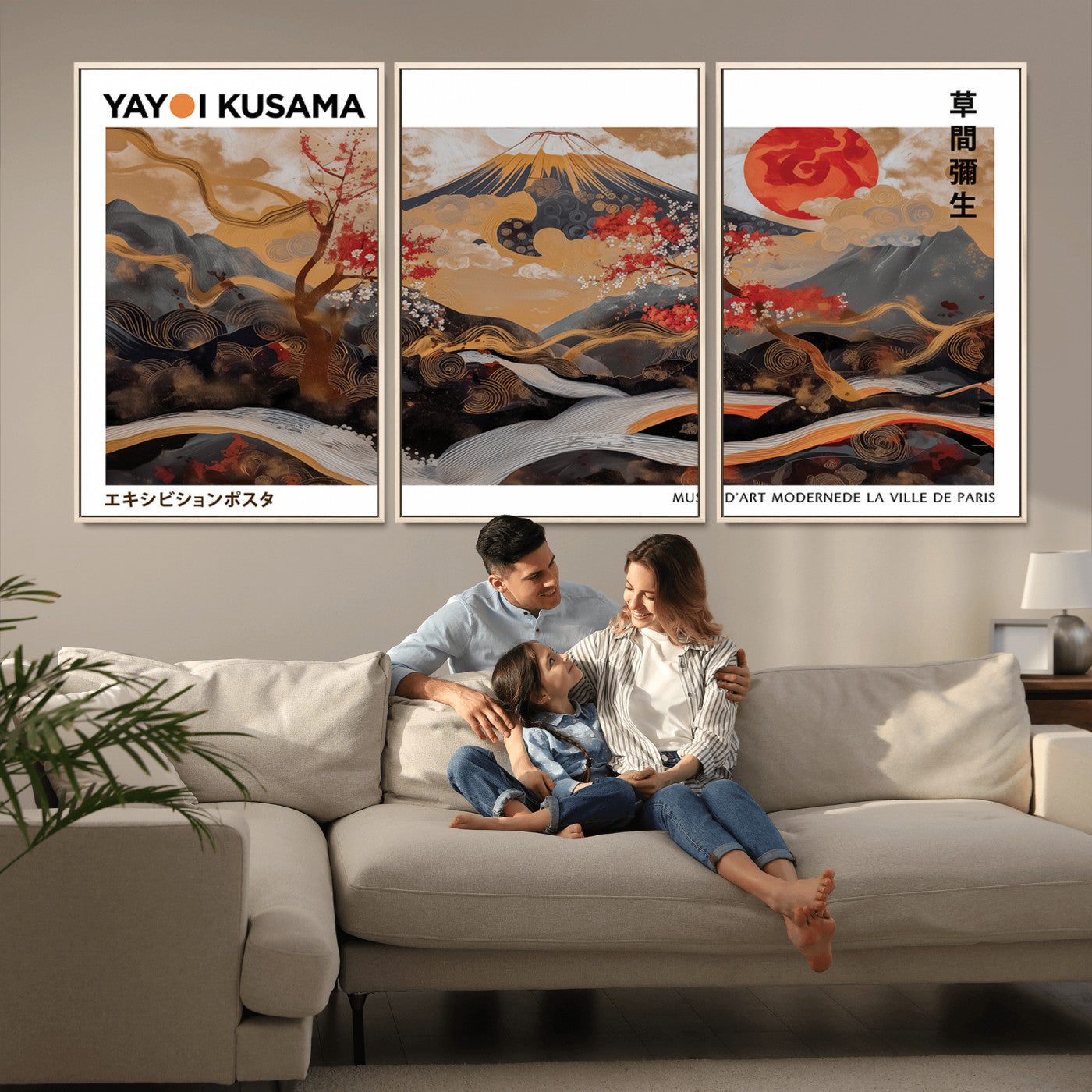 40959107-MGV-CV-36X24-Modern Japanese Wall Art Canvas Print – Framed Abstract Mount Fuji Scene Inspired Yayoi Kusama for Home, Office