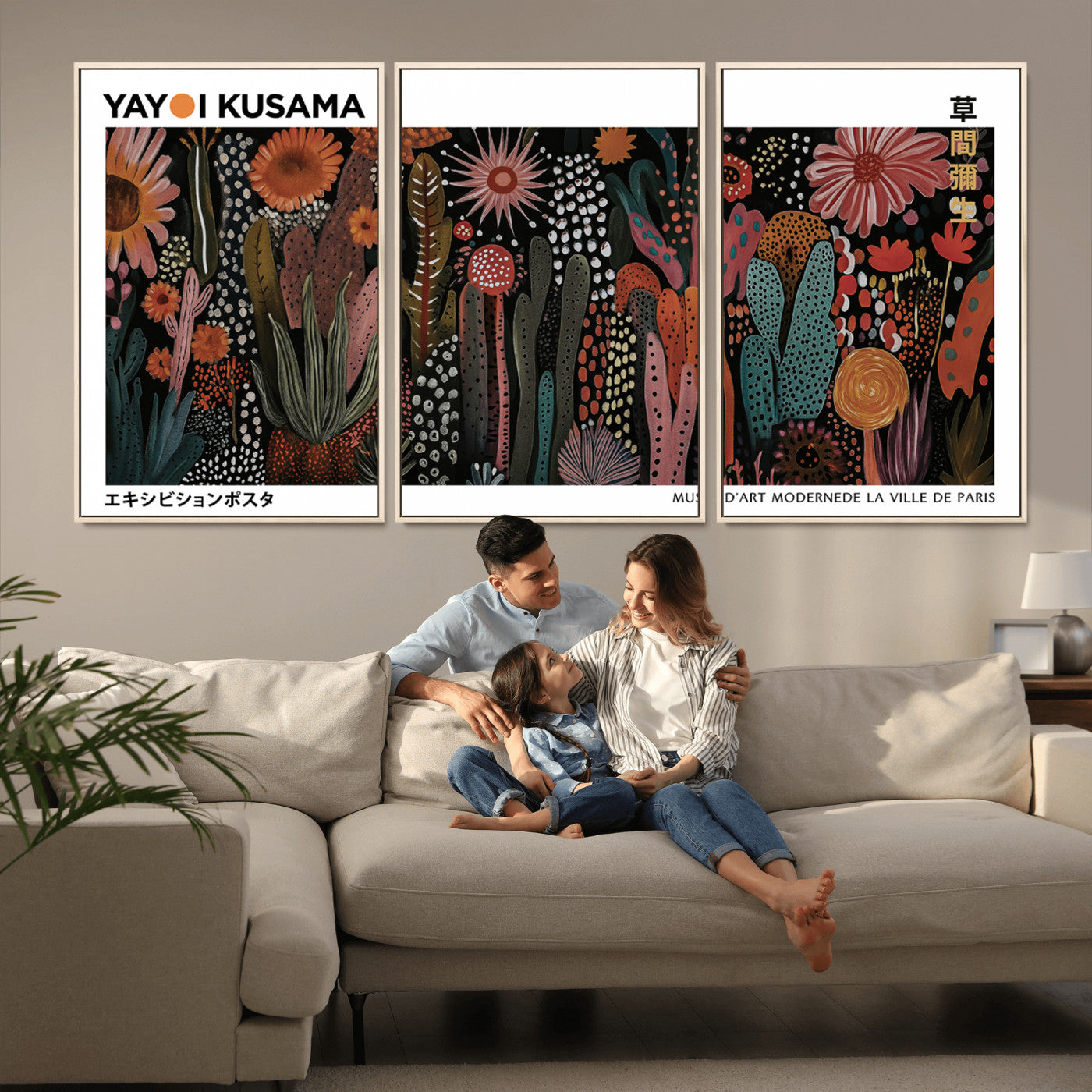 70632622-MGV-CV-36X24-Modern Japanese Wall Art Canvas Print – Framed Abstract Mount Fuji Scene with Yayoi Kusama Artwork for Home, Office