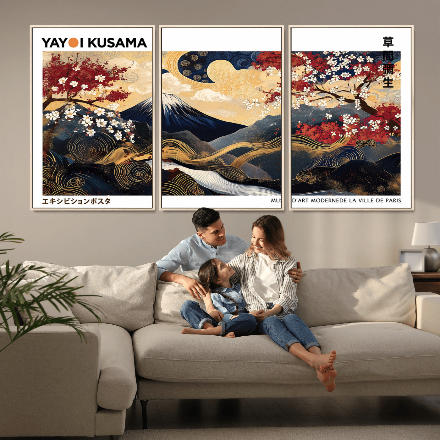 66243961-MGV-CV-36X24-Modern Mount Fuji Wall Art Canvas Print – Framed Abstract Mount Fuji Scene with Yayoi Kusama Artwork for Home, Office